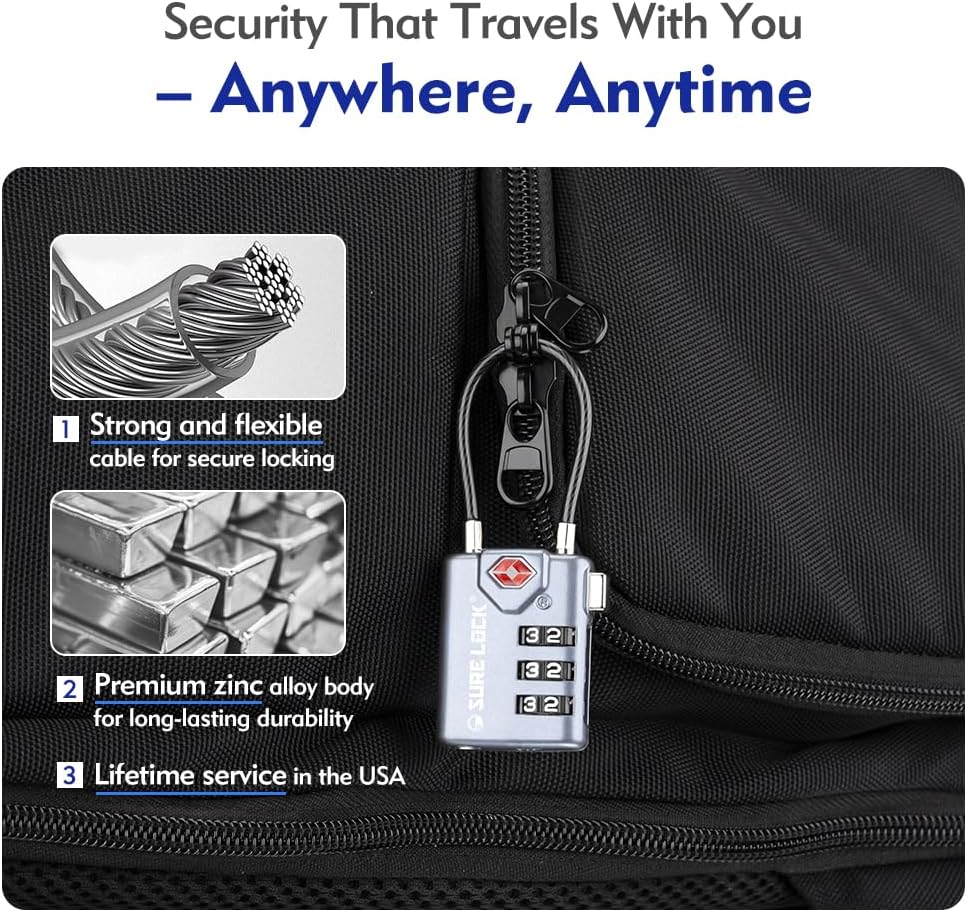 SURE LOCK TSA Compatible Travel Luggage Locks, Inspection Indicator, Easy Read Dials TSA Approved with Zinc Alloy Grey 4 Pack