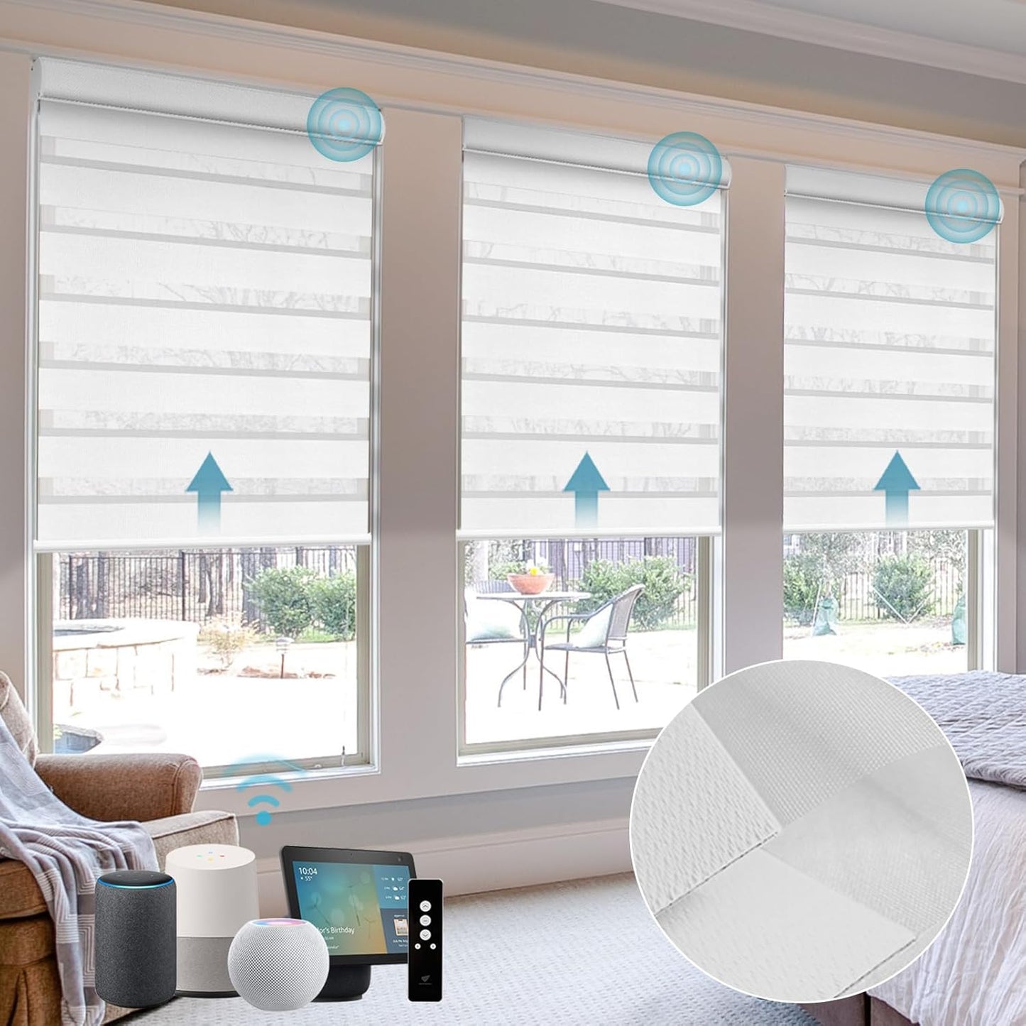 SmartWings Motorized Zebra Shades with Valance Work with Homekit Thread Alexa Smart Dual Layer Shades with Remote Control, Automatic Horizontal Window Blind, 90% Blackout 95mm Astrid Greyish White