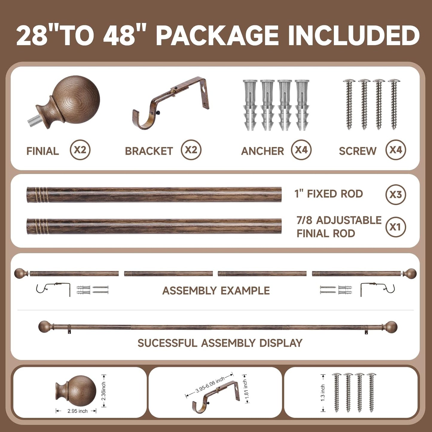 BRIOFOX Walnut Wood Curtain Rods for Windows 28 to 48 Inch(2.3-4ft)- 1'' Diameter Heavy Duty Curtain Rods with Imitation Wood Grain Pattern Finials,Adjustable Decorative Curtain Rods Set,28-48''