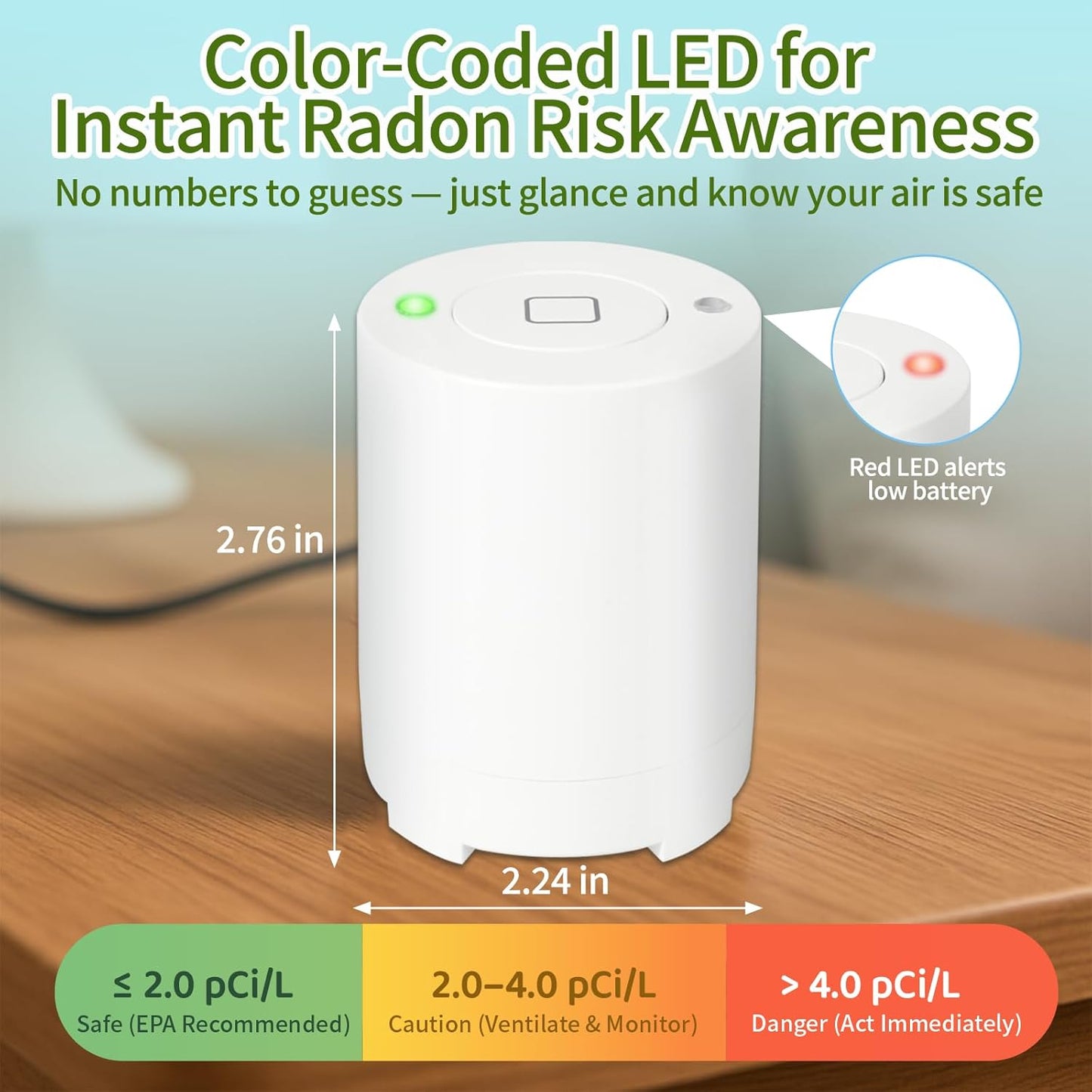 Bluetooth Radon Detector for Home, High-Precision Sensor, Real-Time Radon Gas Monitoring, Short & Long-Term Data with Trend Charts, App Control, Rechargeable Battery, LED Alerts