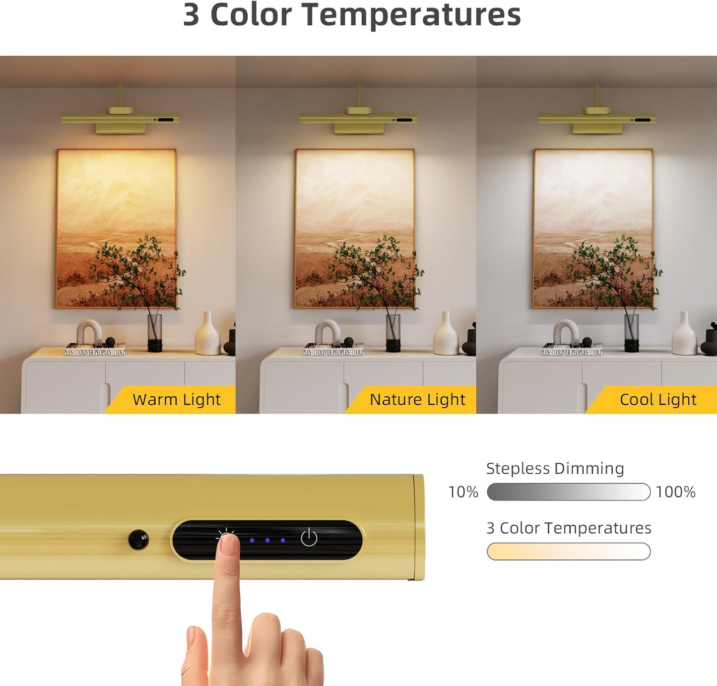 13.8inch Battery Operated Wireless Picture Light，Remote Control Painting Display Lights, Rechargeable Wall Lights with Three Modes and Power Display for Art Frame (13.8in Gold-2set)