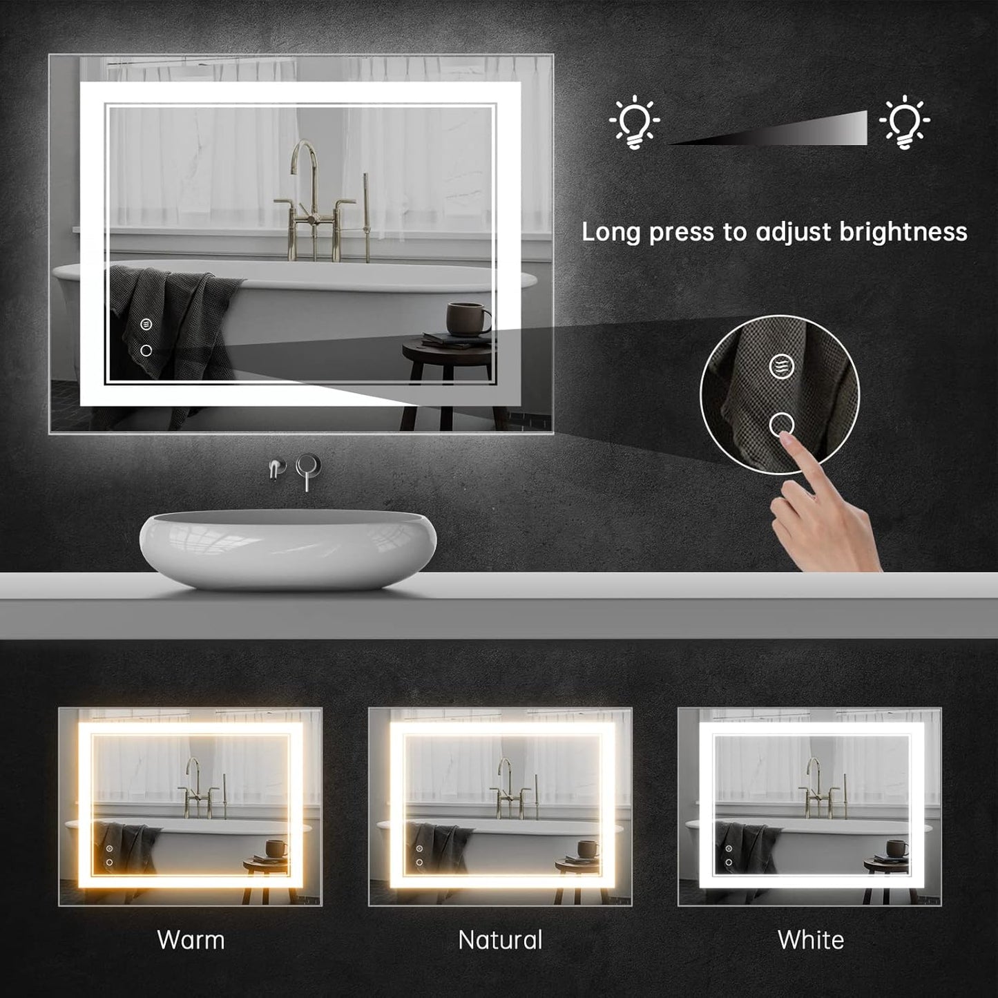 40" x 30" LED Bathroom Mirror Wall Mounted Anti-Fog Vanity Mirror Lighted Dimmable Led Makeup Mirror with Lights