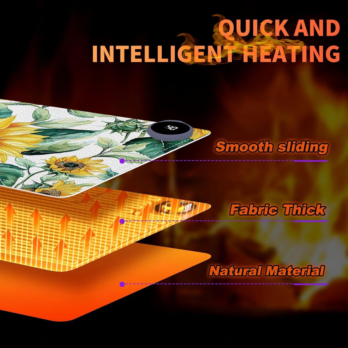 Heated Mouse Pad, Warm Desk Pad, Keyboard Mat 23.6 x 14 Inch Large Size Intelligent Fast Heating, 3 Speed Adjustable, Timed Auto Power Off for Game Office Home, Blooming Sunflowers