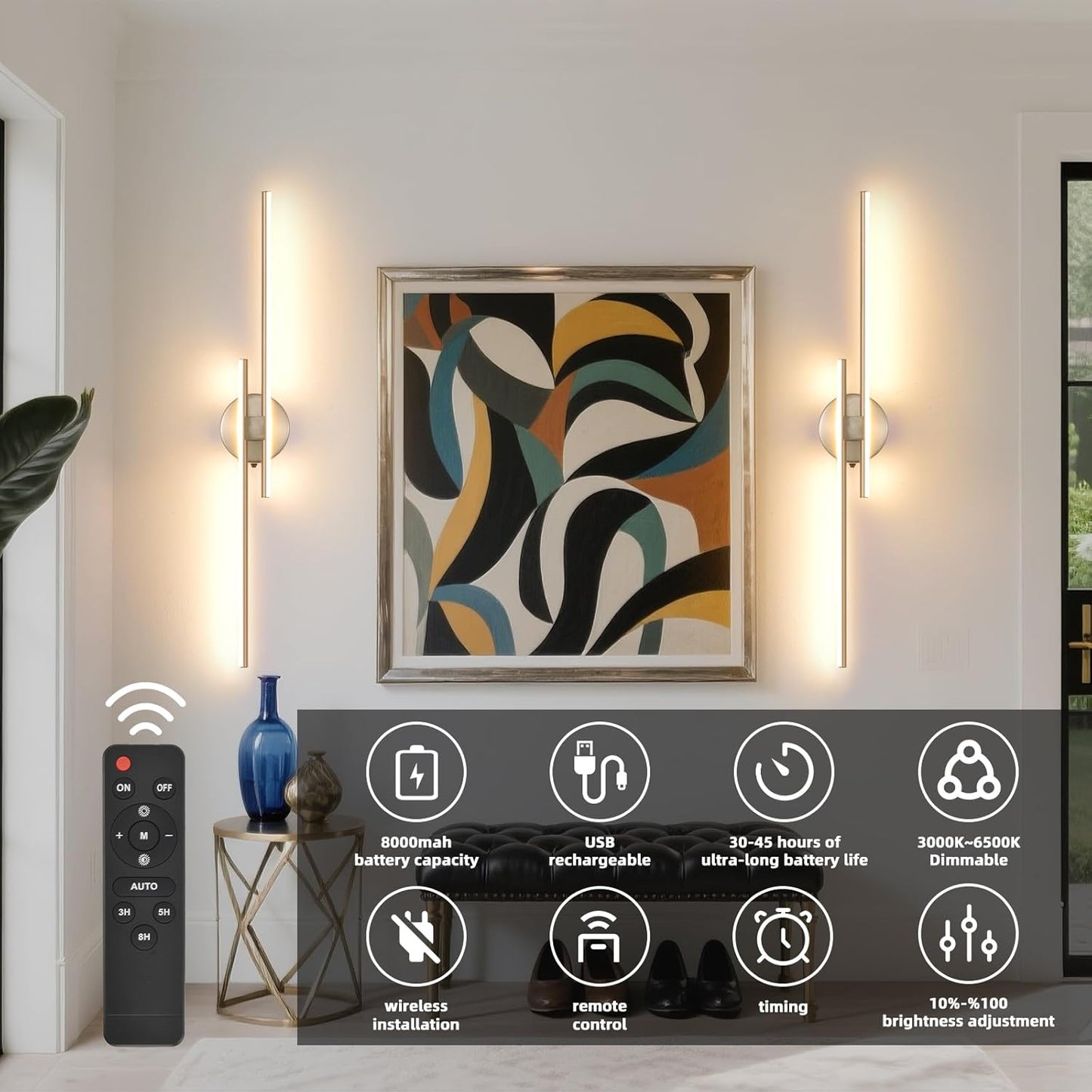 Battery Operated Wall Sconce set of 2, USB Rechargeable Wireless Sconces with Remote Control, LED Dimming Wall Lamp 3 Color/Timer/Memory, 31.4 Inch Brushed Nickel Wall Lights for Bedroom Living Room