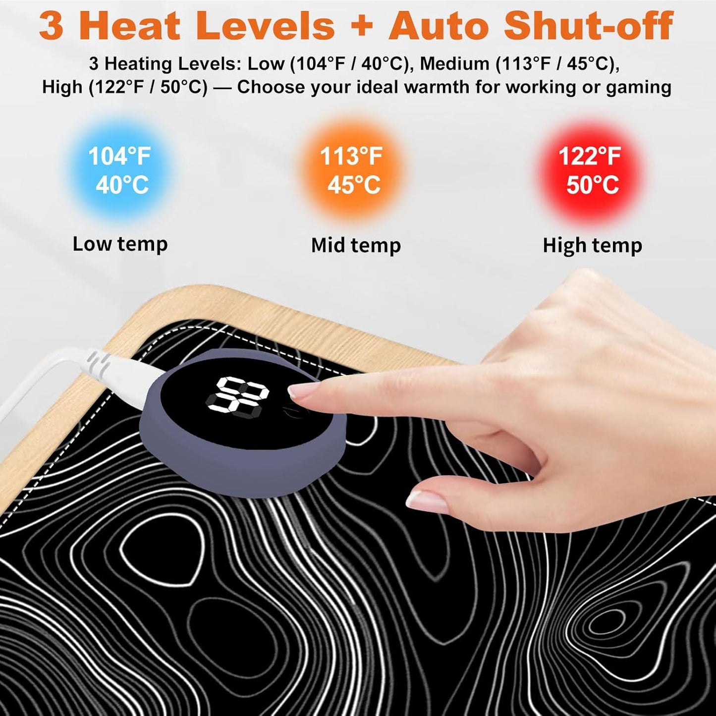 Small Heated Desk Pad 23.6" x 14.2" – Compact Electric Mouse Pad with 3 Heating Levels, Auto Shut-Off, Waterproof PU Surface, Plug-in Warmer for Office or Home Use, Topographic Lines