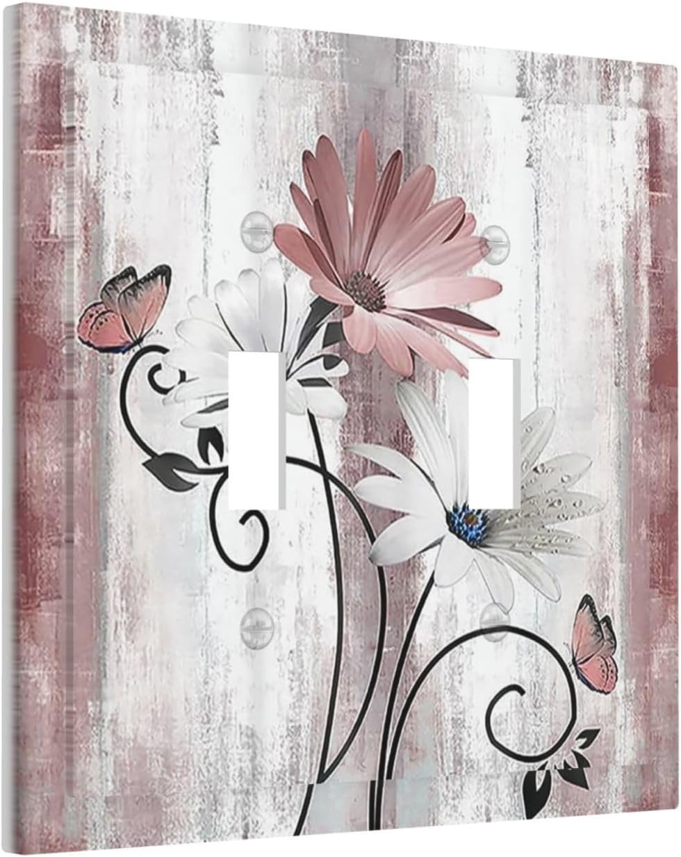 Decorative Switch Plates Pink White Daisy Butterfly Wood Grain 2 Gang Double Toggle Outlet Light Switch Cover Wall Plate Electrical Faceplate for Farmhouse Bathroom Decor