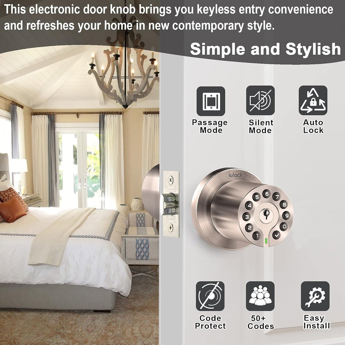 IU-20 Code Door Lock, Electronic Door Knob with Keypad and Same Key, Auto Lock, Waterproof, Passage Function, Long Battery Life, Easy to use and Install for Office/Warehouse/Bedroom/Garage