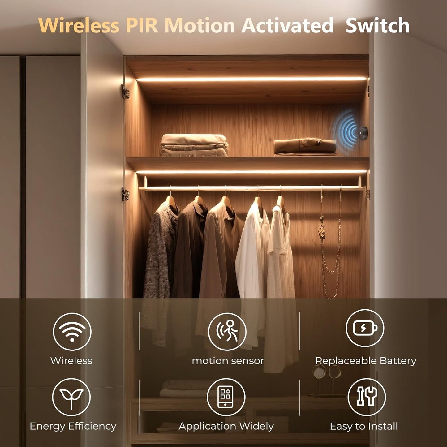 VST Motion Sensor Light Switch, Wireless PIR Sensor Switch, LED Light Automatic Switch for Closet Light Under Cabinets Counters Wardrobes with JST Cable (DC 12V 3A)