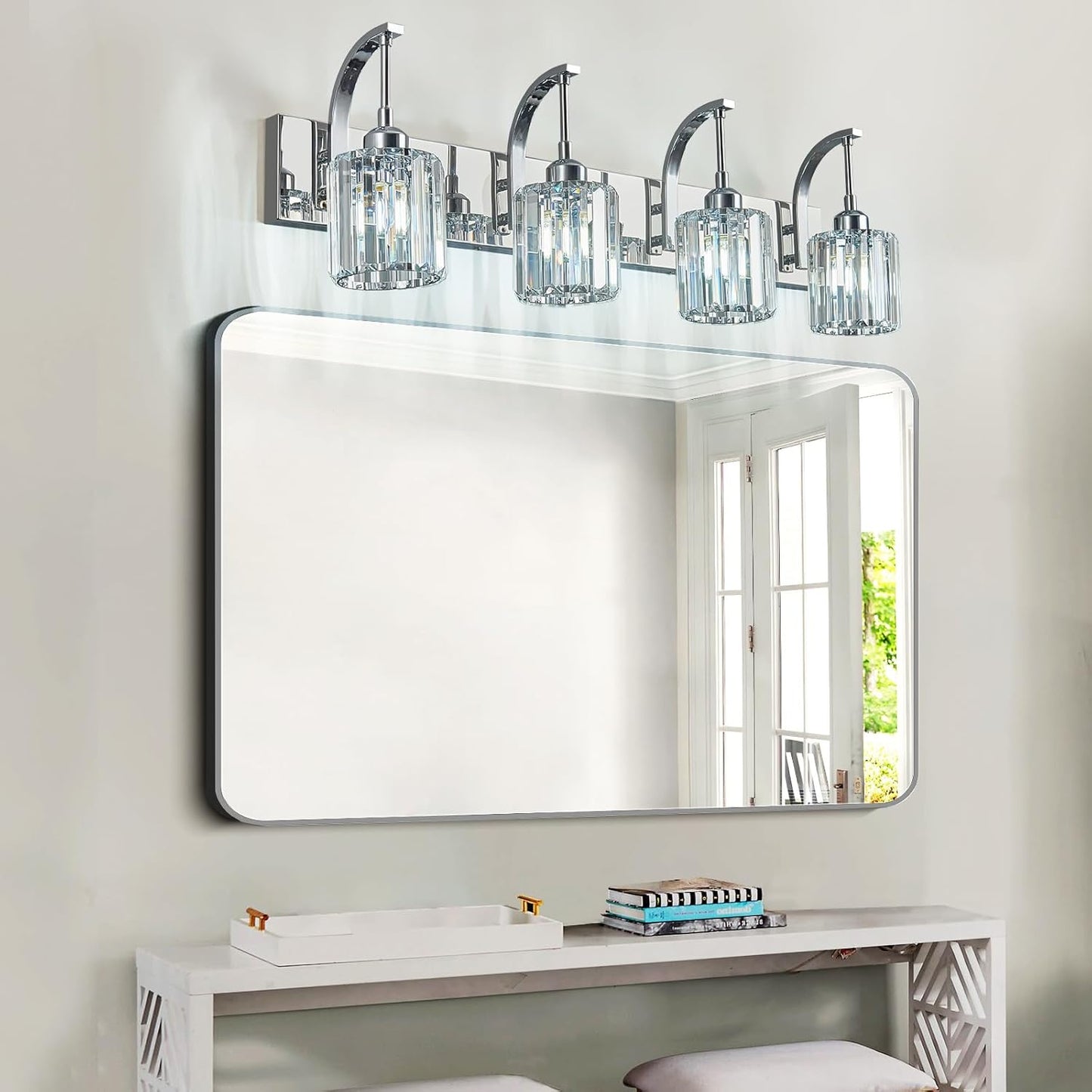 4-Light Crystal Vanity Light, Modern Chrome Bathroom Wall Sconce with K9 Crystal Shades, 32.67" Long Over Mirror Lighting for Vanity, Makeup, Hallway, Elegant & Easy Install