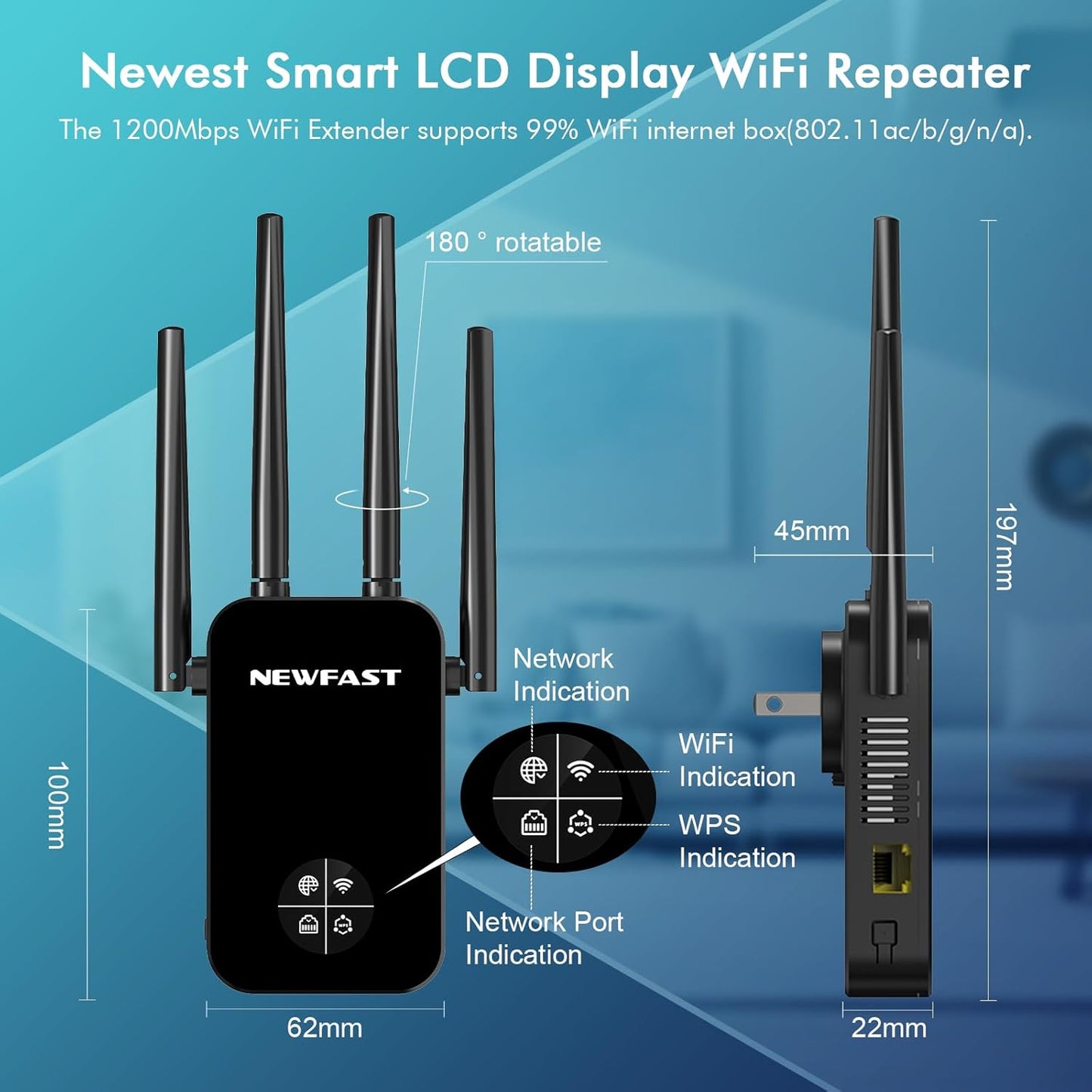 NEWFAST WiFi Extender Signal Booster RE523,1200Mbps Dual-Band WiFi Repeater,5GHz/2.4GHz WiFi Extender Supports WPS,MU-MIMO,Repeater/Router/AP Mode,Suitable for Home