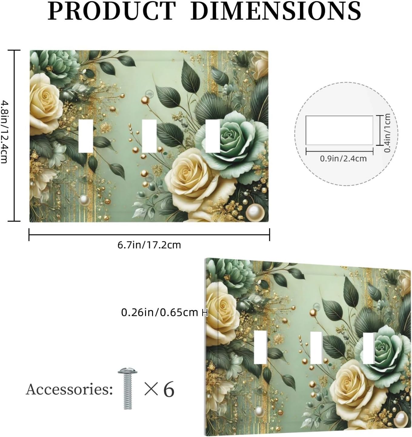 Decorative Light Switch Cover Plate Rustic Green Floral Leaves Teal Flowers Gold Stripe 3 Gang Wall Plate Oversized Triple Toggle Switch Cover Plate Jumbo Faceplate