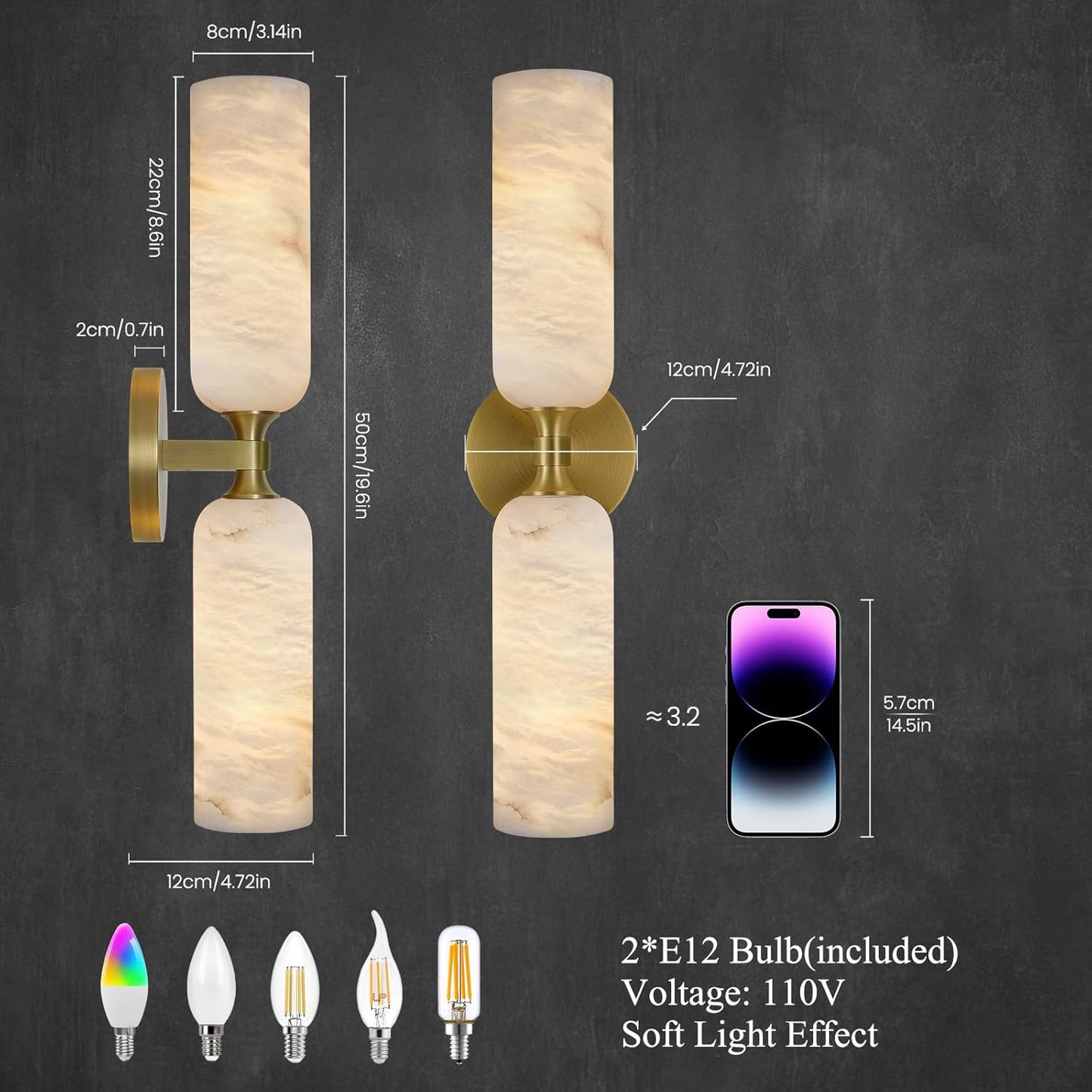 20in Alabaster Wall Sconce Antique Brass Sconces Wall Lighting, Imported Alabaster Modern Marble Bathroom Vanity Sconces, Gold Sconce Wall Decor, For Bedroom Living Room Staircases Hallway Foyer