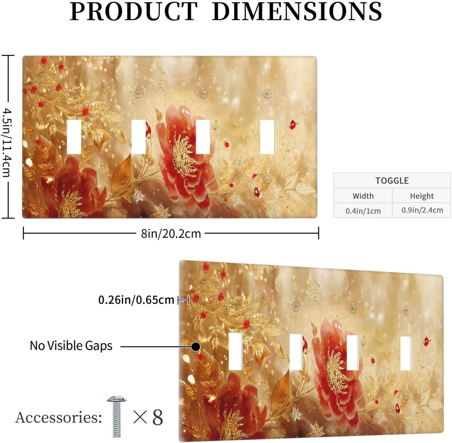 Decorative Light Switch Cover Plate Golden Leaf Red Peony Flowers Floral 4 Gang Wall Plate Oversized Quad Toggle Switch Cover Plate Jumbo Faceplate for Bedroom Decor