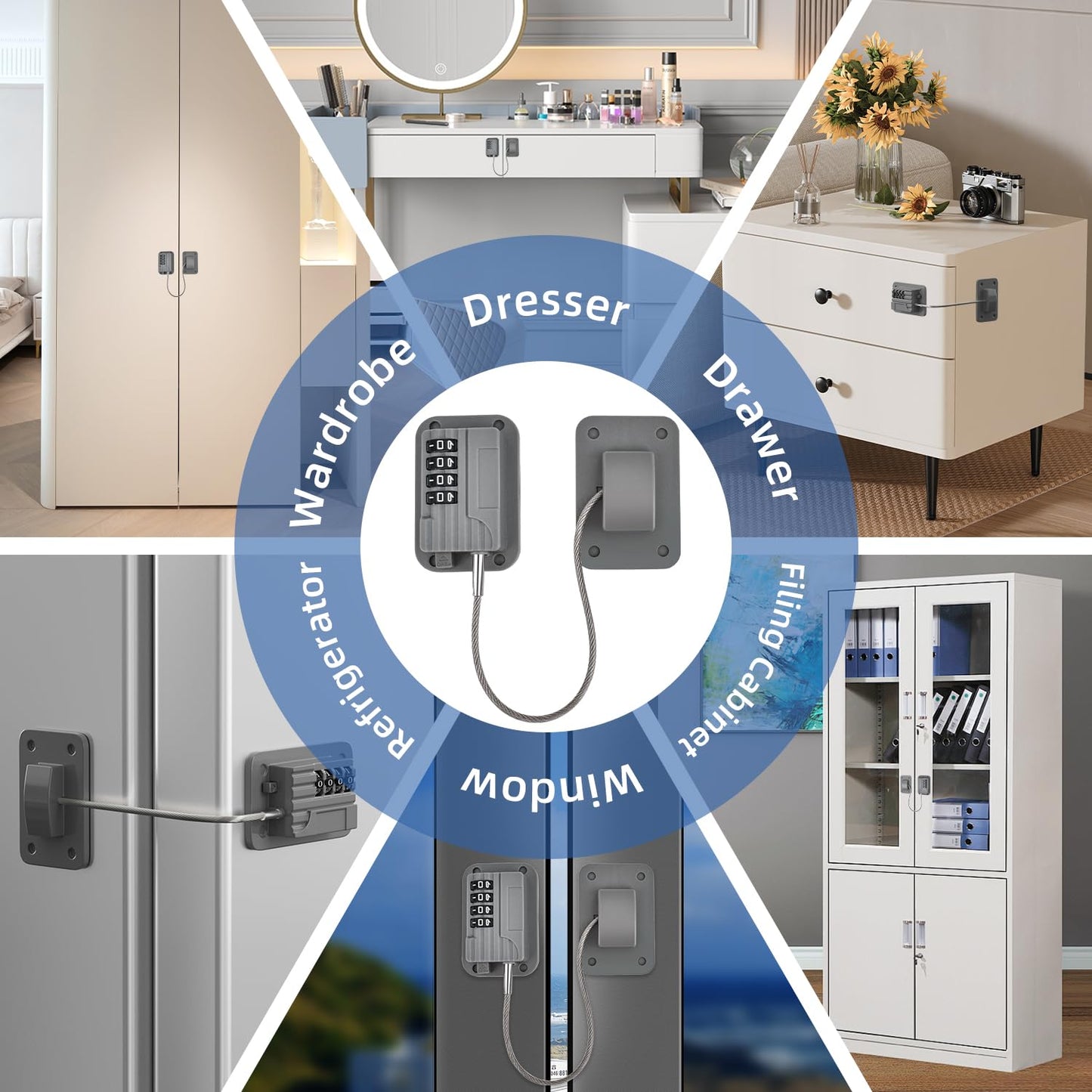 Refrigerator Lock, Heavy Duty Fridge Locks for Kids, Freezer Lock with Combination for Refrigerator Drawer Cabinet Safety, Easy to Install No Keys Needed Grey, 2 Packs