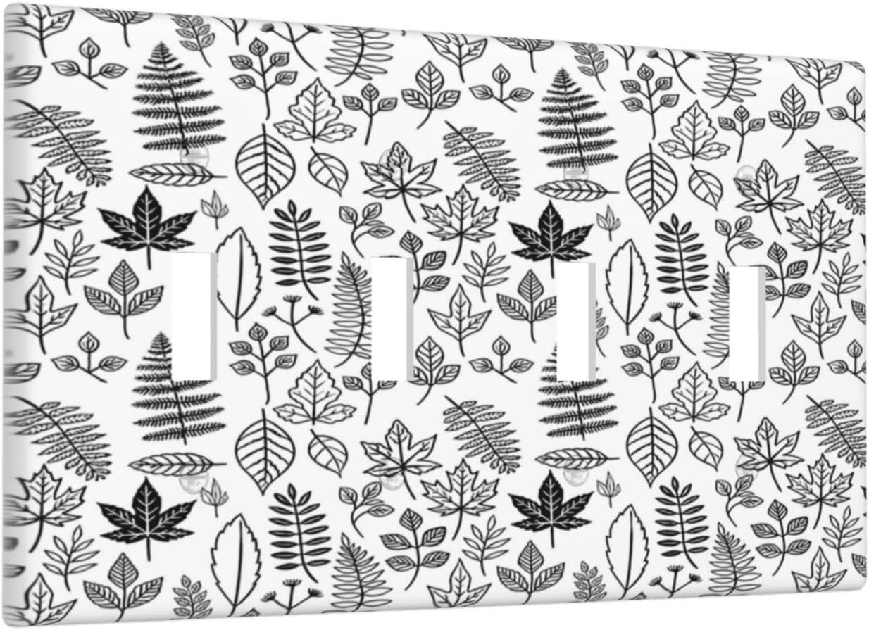 Black White Leaf Wheat Maple Leaf Plant Light Switch Covers Quad Toggle 4 Gang Wall Plate Decorative Switch Plates Electrical Faceplate for Bedroom Bathroom Decor