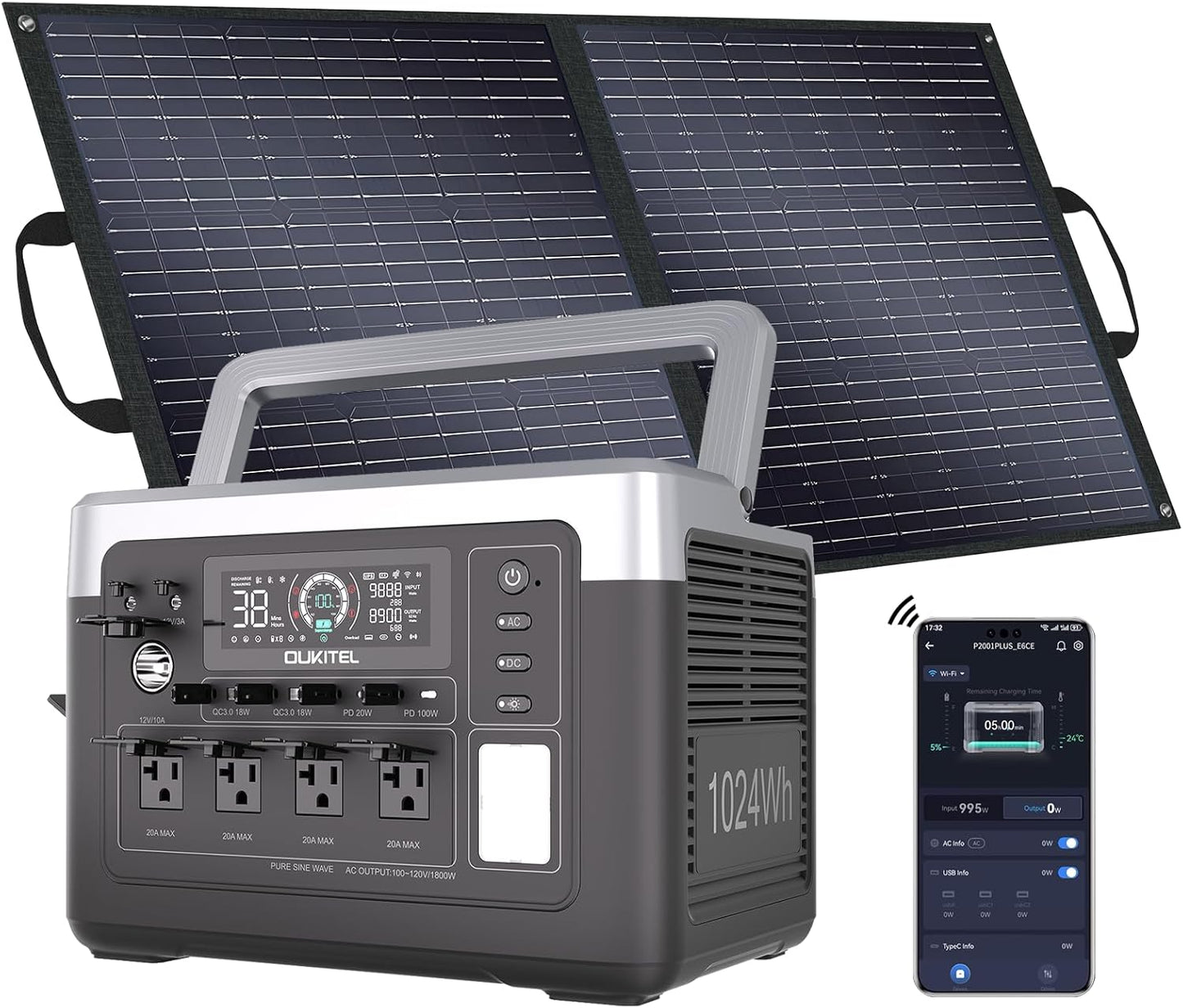 OUKITEL P1000 Plus 1024Wh Solar Generator with 4 AC Outlets (3600W Peak), 1800W Power Station with 100W Solar Panel, 1200W Fast Charging, APP Control Battery Backup for Home, Camping & RVs