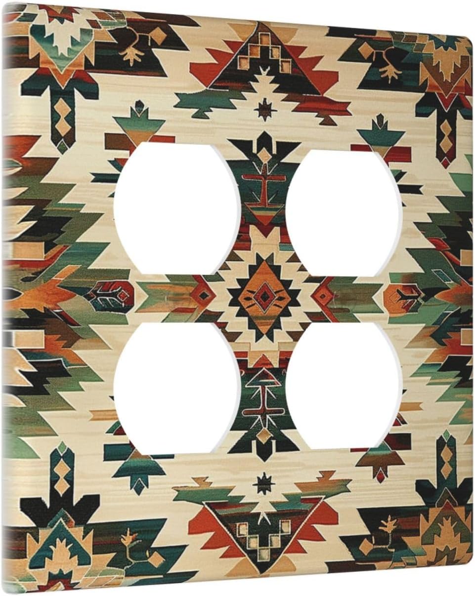 Outlet Covers Southwest Rustic American Indian Aztec Boho 2 Gang Double Duplex Decorative Light Switch Covers Electrical Wallplates Socket Faceplate for Bed Room living Room Decor