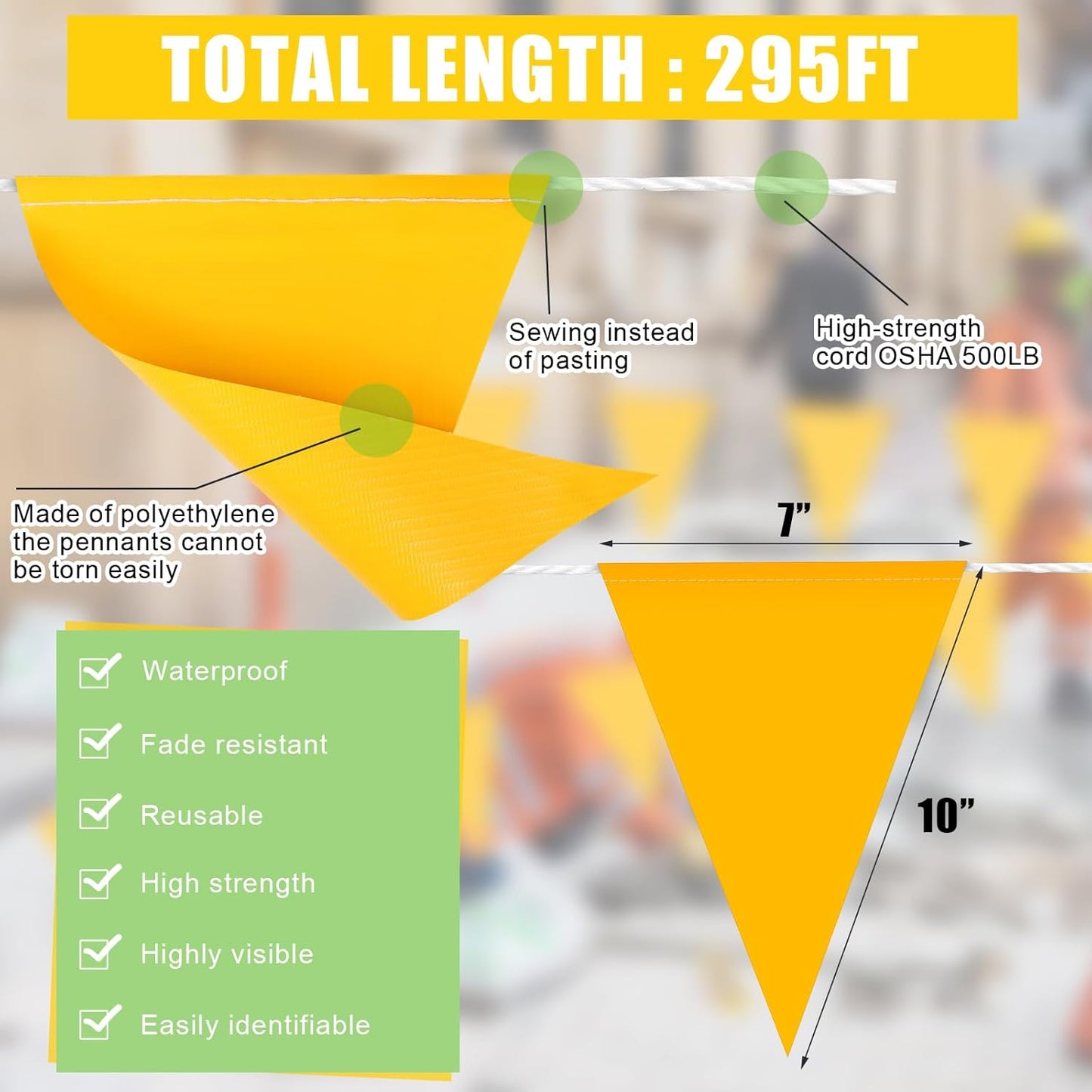 Preboun 135 Pcs 295 ft Pennant Banners Flags Reflective Yellow Safety String PVC Perimeter Marking Flags Caution Barricade Windproof Waterproof Rooftop Flagging for Marker Construction