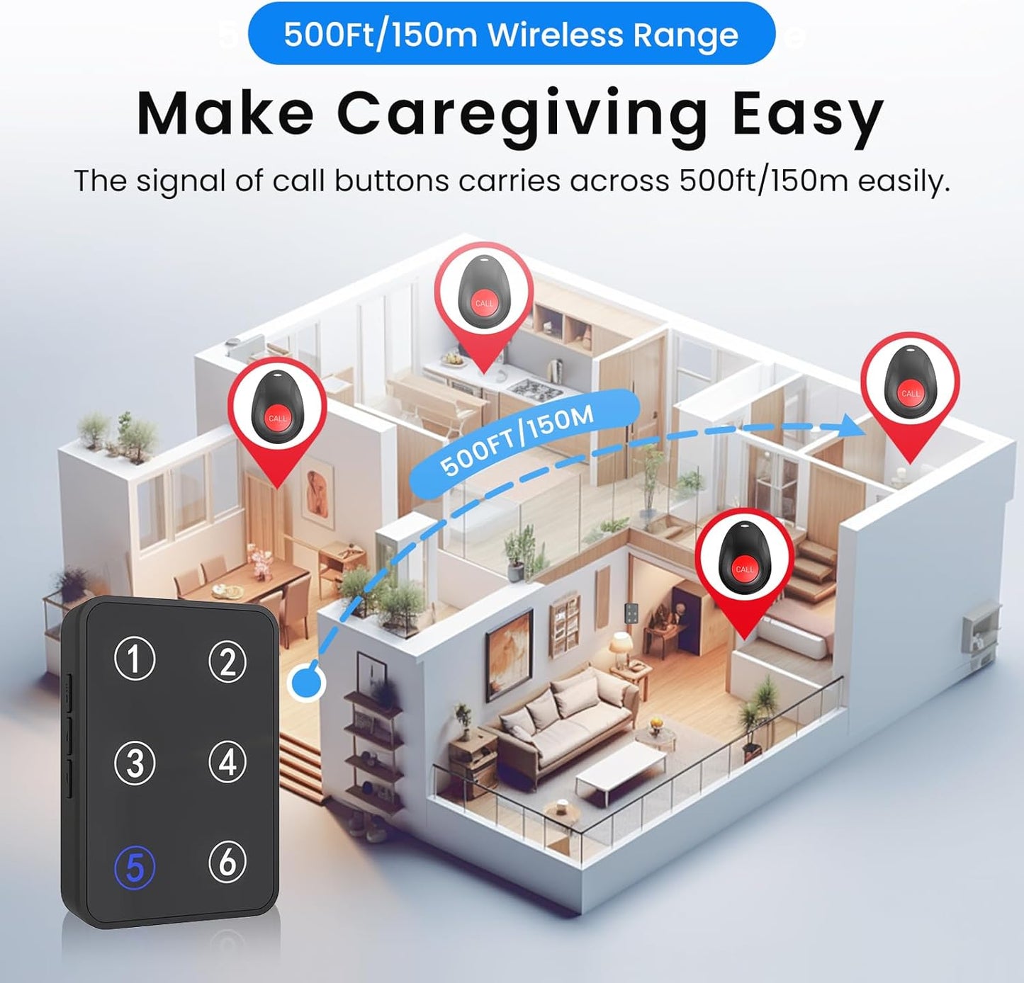 CallToU Wireless Call Button Caregiver Pager Nurse Call System for Elderly/Patients at Home/Hospital with Voice Announcements and LED Number Display (6 Waterproof Call Button & 2 Receiver)