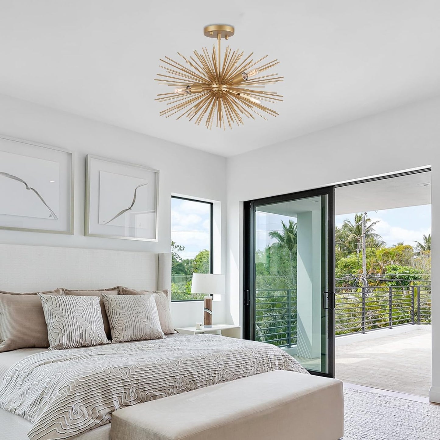 Starburst Chandelier, 4 Lights Modern Gold Sputnik Chandelier Vintage Light Fixture Flush Mount Ceiling Light for Bedroom Kitchen Island Entryway Foyer,20in