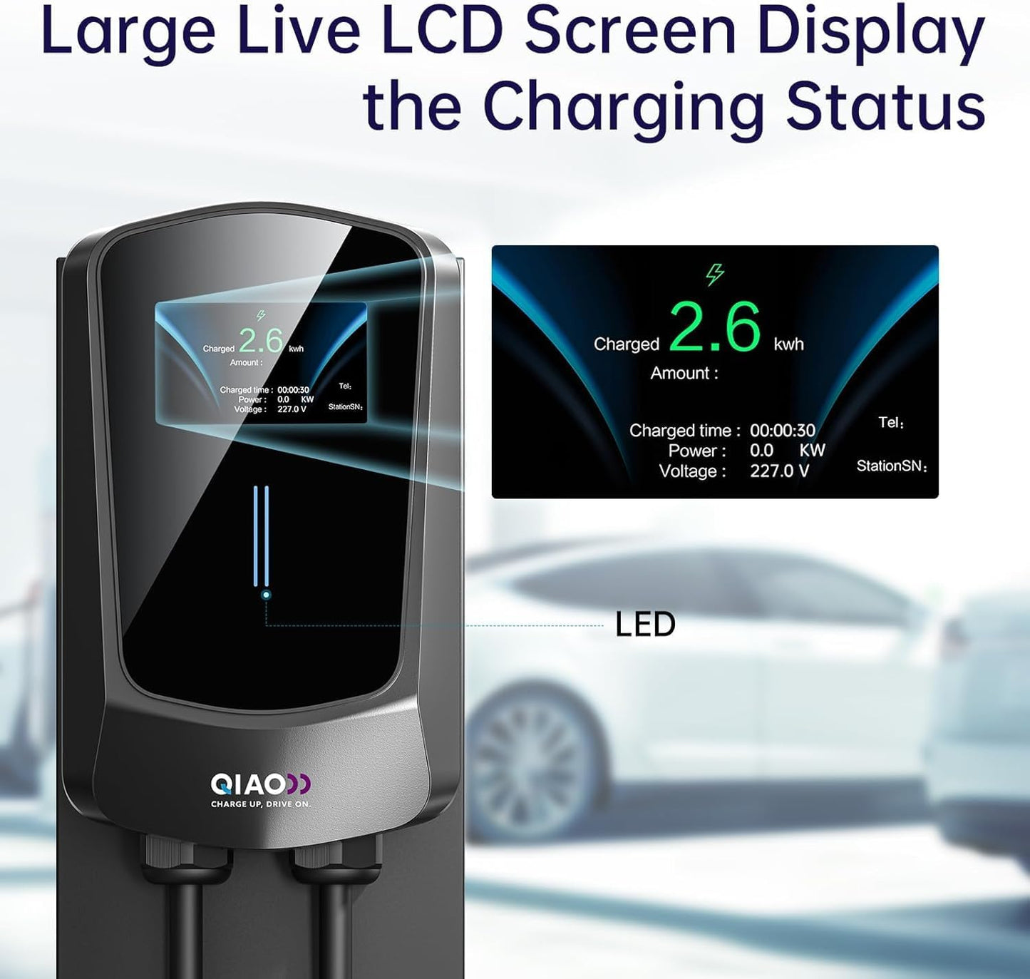 QIAO Level 2 EV Charger, Up to 48A Hardwired Electric Car Charger, Wi-Fi Bluetooth APP Enabled EVSE, 4.3in Display, 25ft Cable, Charge Station Compatible with All SAE J1772 EV Models (Black)