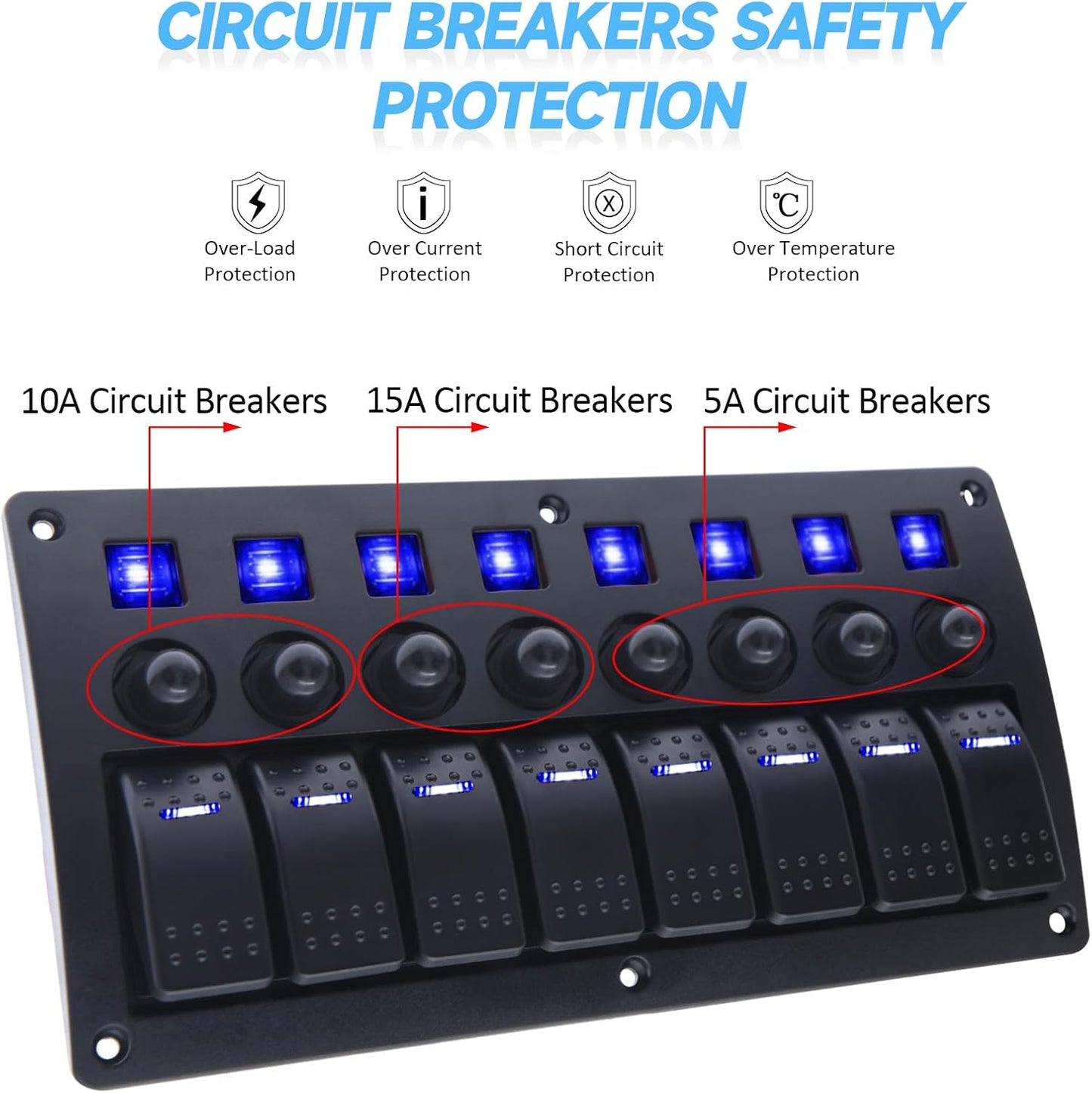 8 Gang Marine Switch Panel, Boat Rocker Switch Panel Waterproof, 12V Aluminum Switch Panel, Marine Toggle Switches ON/Off with Circuit Breaker 5A 10A 15A for Car RV Truck (Blue)
