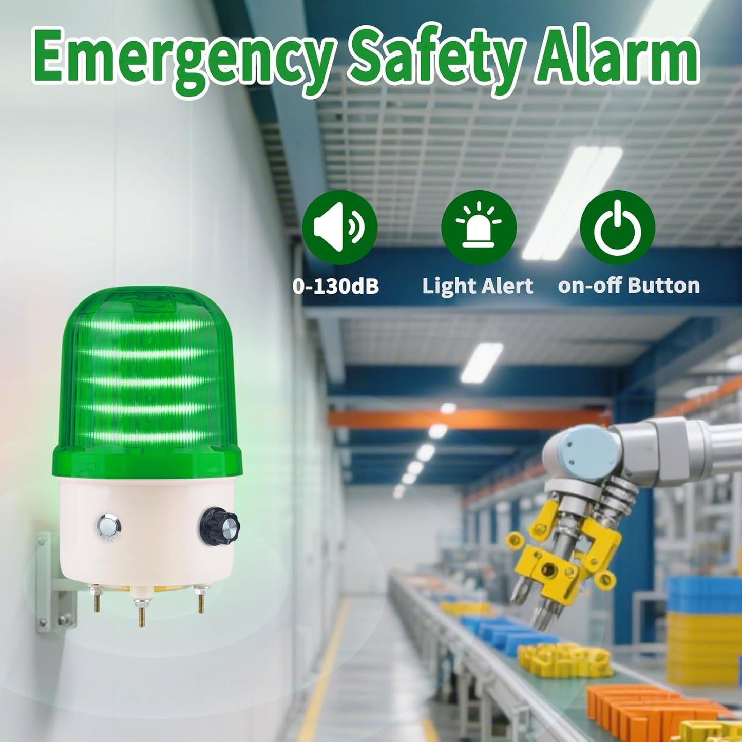 Industrial LED Rotating Warning Light, AC110V Red Strobe Light for Public Emergency Alarms, Indoor/Outdoor Safety Siren with Volume Adjustment/Plug and Buzzer (Green PRO(0-130dB,AC110V))