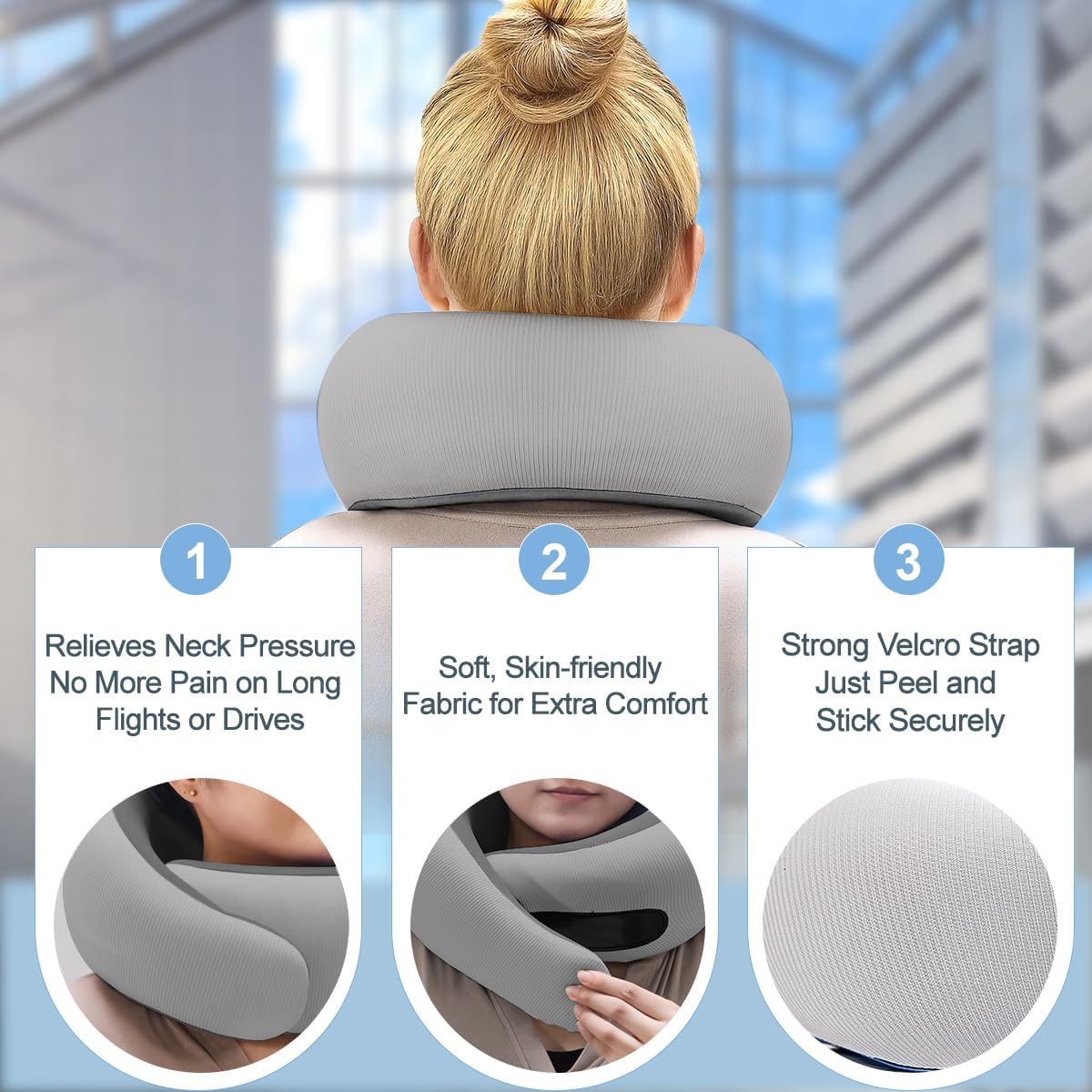 Neck Pillow for Traveling,Travel Neck Pillow for Airplanes,Cooling Fabric&100% Pure Memory Foam,Neck Pain Relief,Ergonomic Support for Long Flight (Gray, Compact Size-(Petite Fit)
