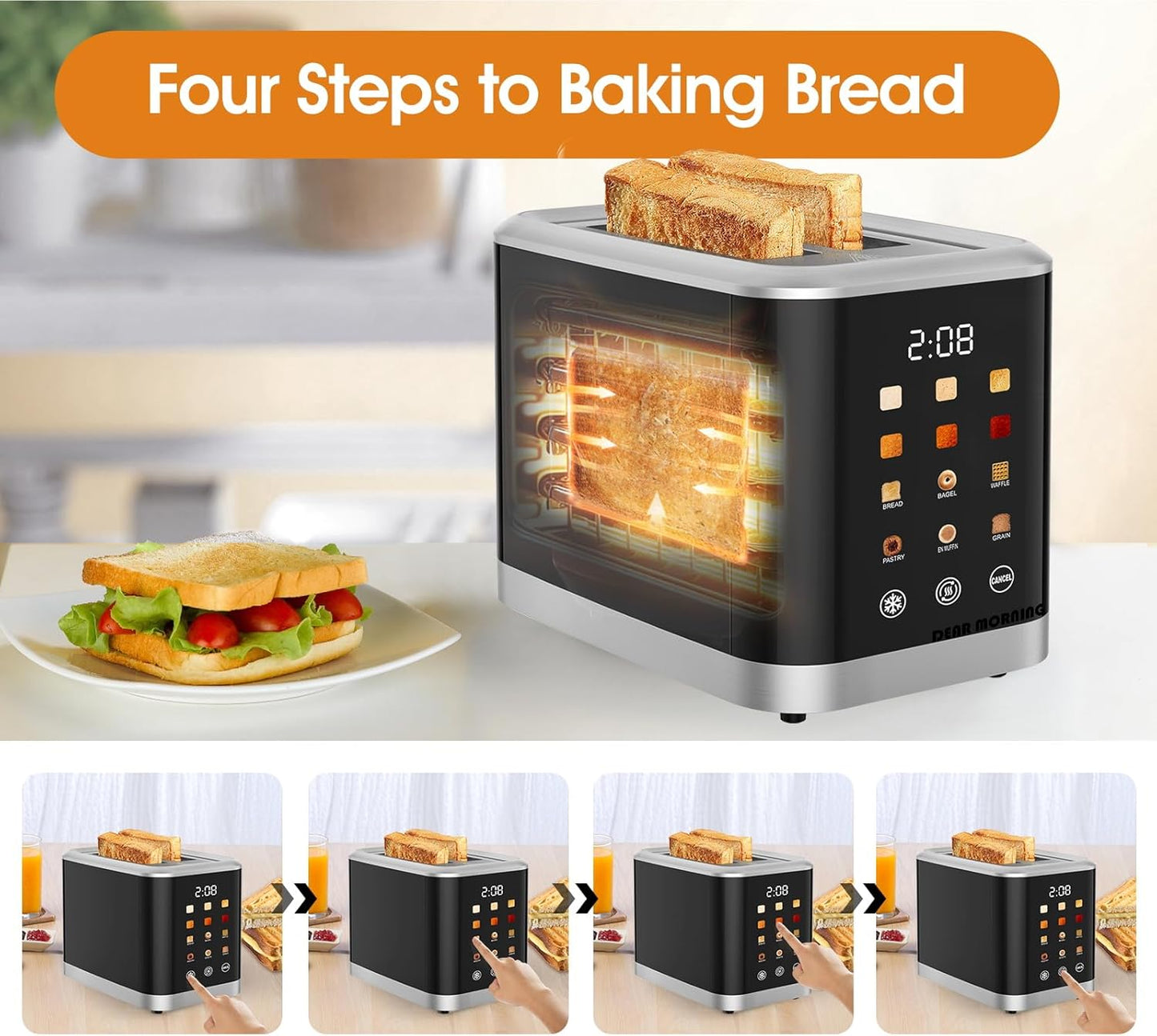 Touch screen Toaster 2 Slice Digital Timer Toasters with 6 Bread Types & 6 Shade Settings, Smart Extra Wide Slots Toaster with Bagel Defrost Reheat Cancel Function