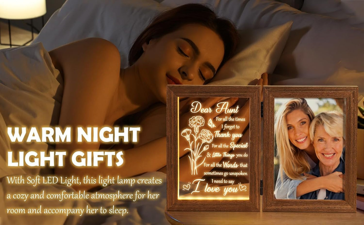 Aunt Gifts from Niece Nephew Aunt Christmas Gifts Auntie Gift, Engraved Night Light with Aunts Picture Frame Solid Wood, Best Auntie Ever Aunts Birthday Gift for Women - 5x7 Photos Table Display