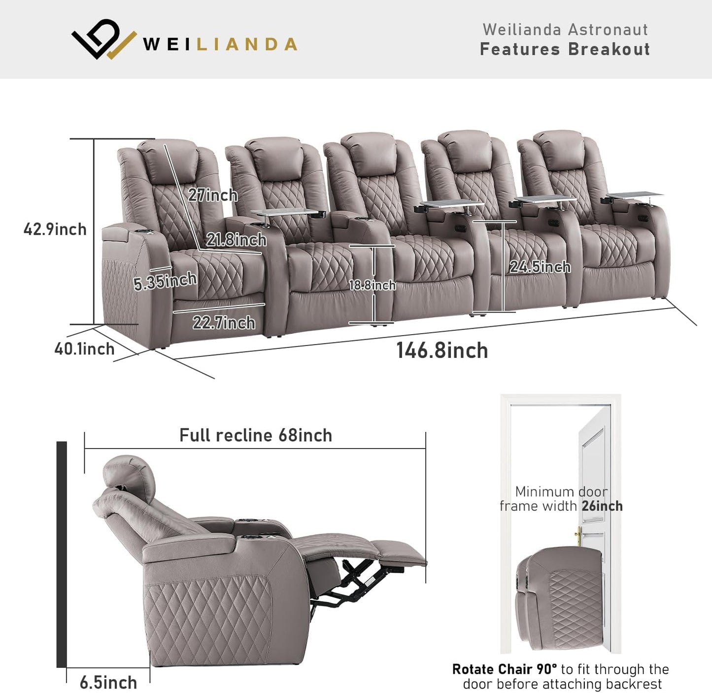 Weilianda Home Theater Seating Top Grain Leather Zero Gravity Recliner Chair Power Headrest Recline Movie Seat Gaming 7 Colors Mood Light Sofa with Tray Table USB Charge Row of 5 Grey