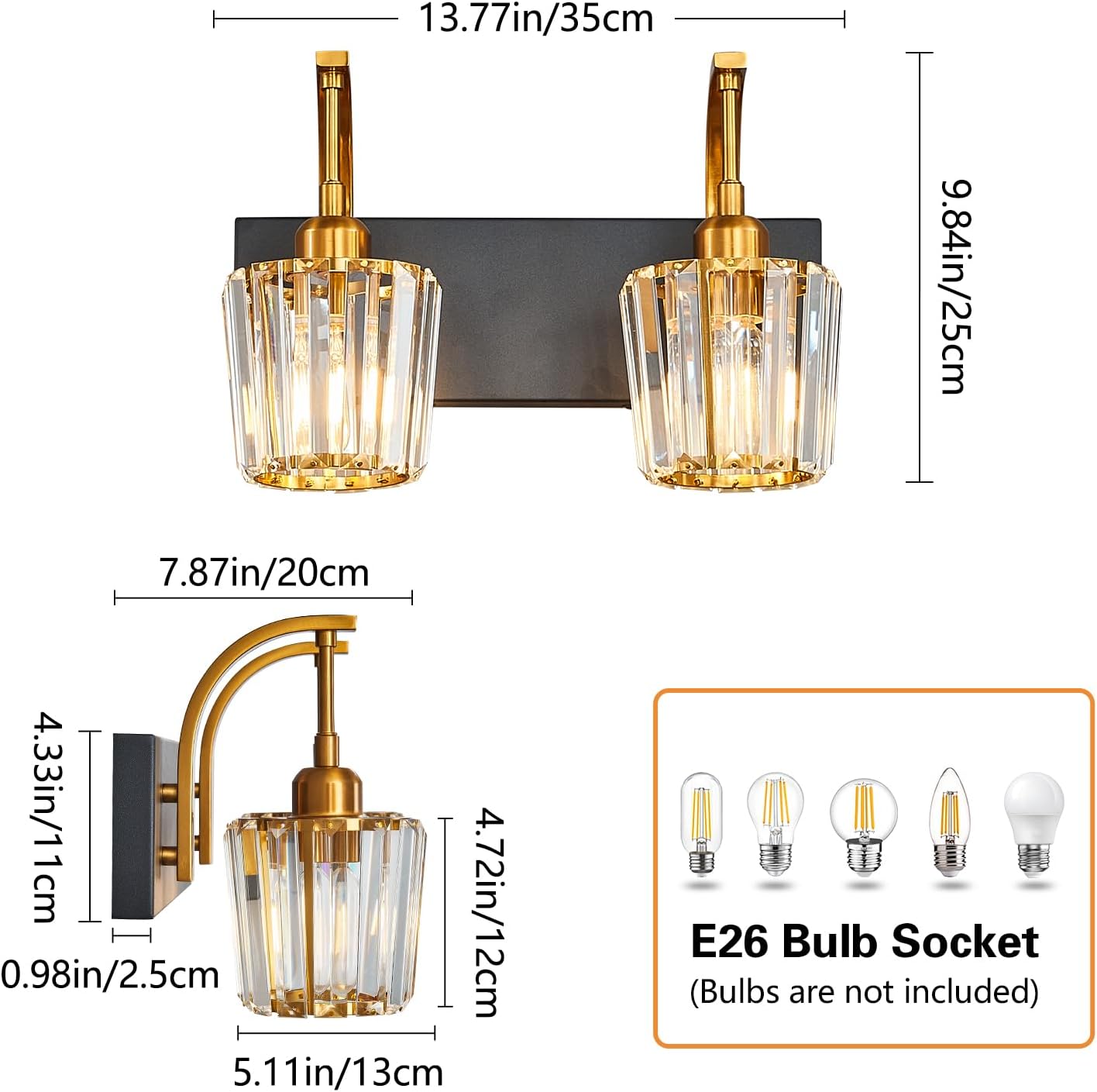 Modern Bathroom Vanity Light, 2-Light Black Gold Wall Sconce with Crystal Accents, Over Mirror Bathroom Lighting Fixture, 13.77" Long Dimmable Vanity Lamp for Makeup, Easy Installation