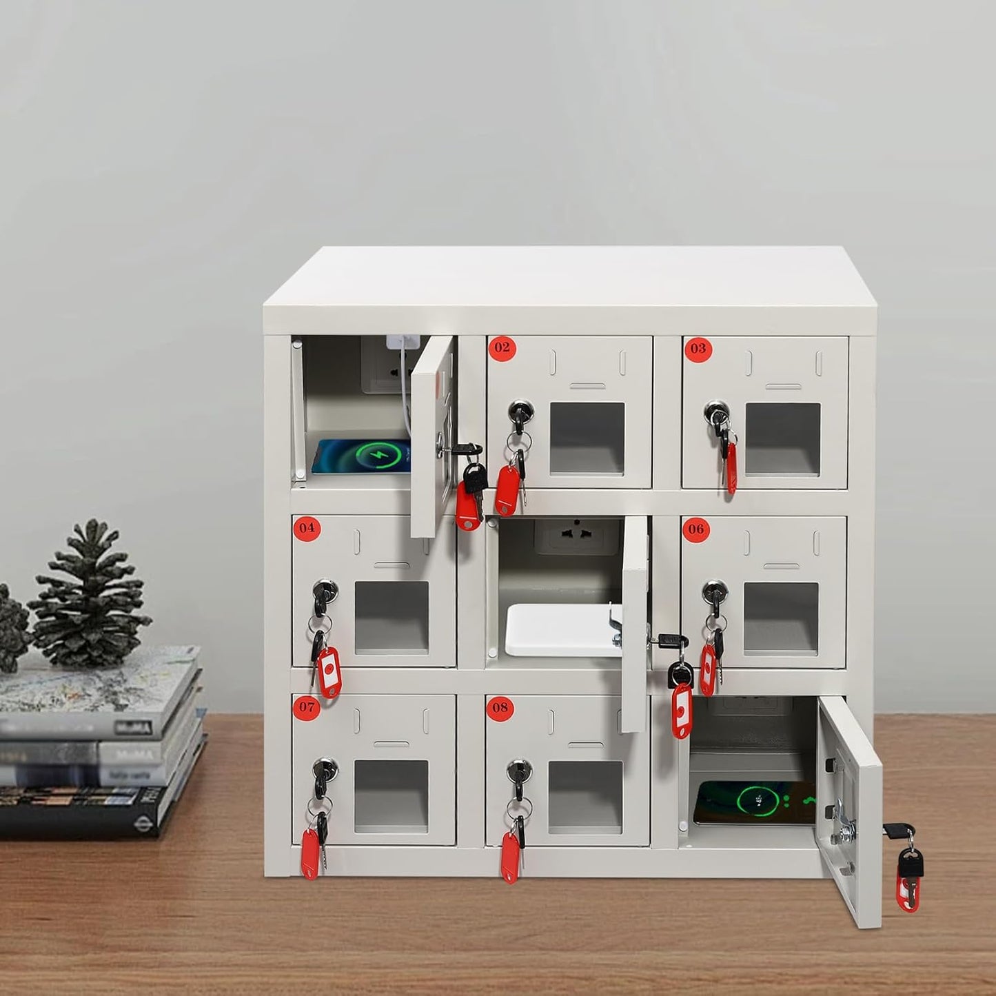 9 Slots Cell Mobile Phone Steel Locker with Lock, Cell Phone Locker with Charging Station, Cellphone Locker for Schools, Conference Rooms, and Offices