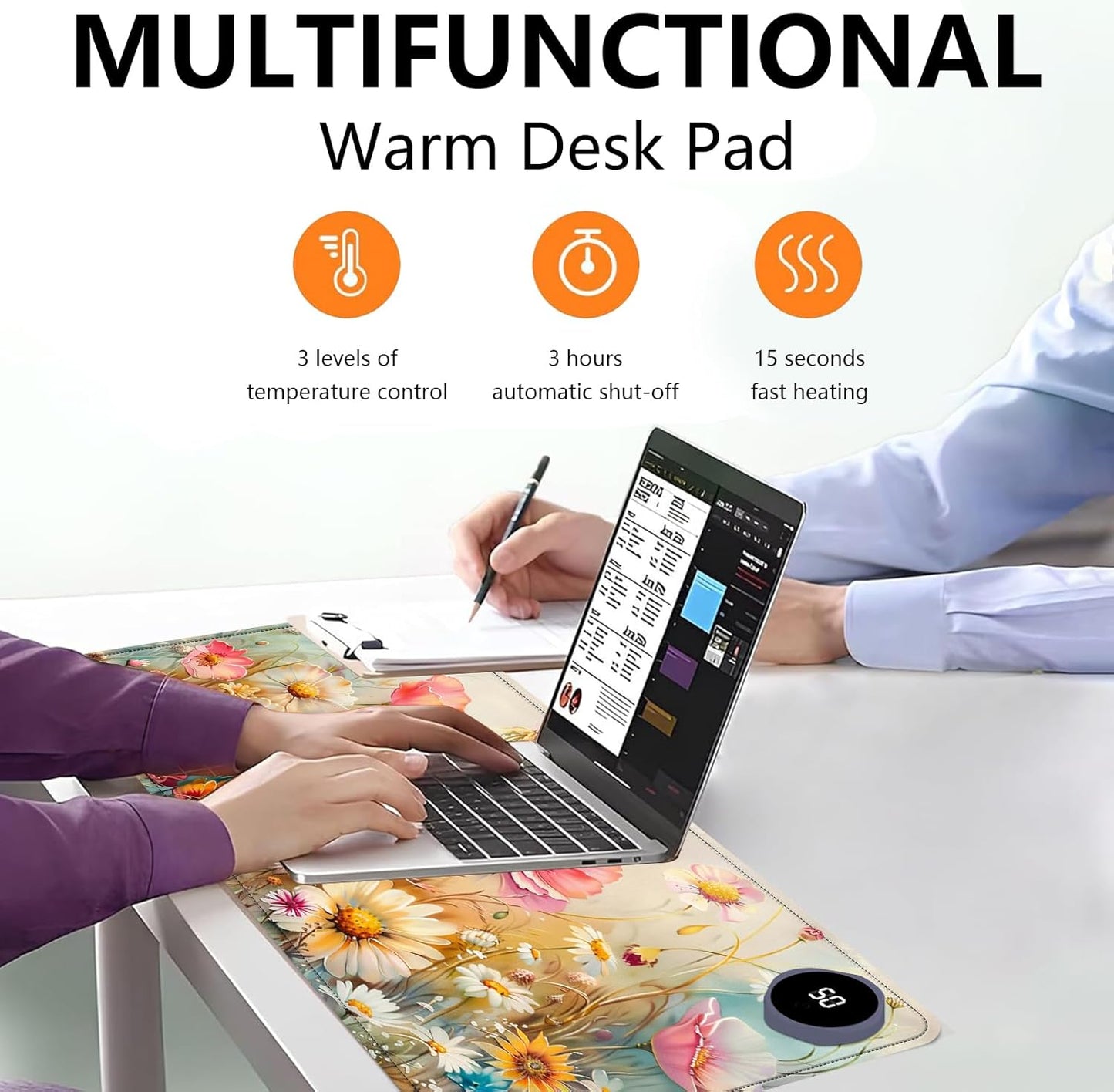 Heated Mouse Pad with 3 Levels Heated & 3 Hours Auto Shut-Off Mouse Pad for Warming Hands in Office Home, 31.5" x 13"Large Safe Desk Mat Hand Warmer，Colorful Flowers