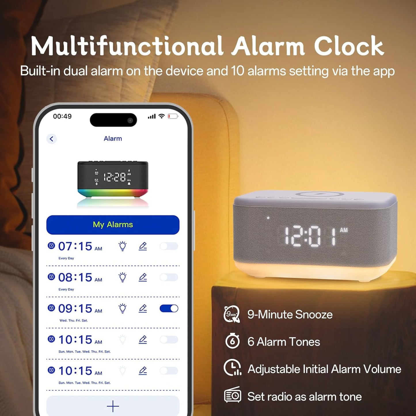 Bluetooth Alarm Clock Radio Bedroom, Digital Dual Alarm Clock Bedroom, Up to 10 Alarms Clock Night Light Speaker App/Button Control FM Charge Snooze Adjustable Volume Dim 12/24H, Grey