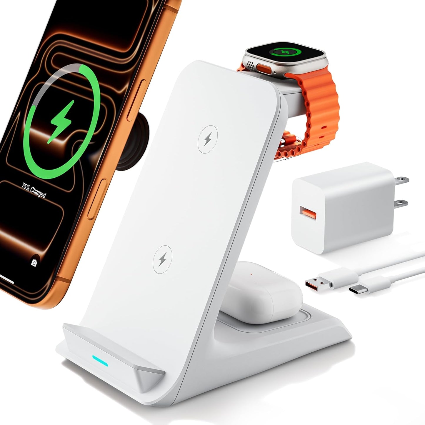 Wireless Charger for Thick Cases of 10MM/Otterbox/for Popsocket, 3 in 1 Charging Dock for iPhone 17 16 15 14 13 Pro Max, Charging Station for Multiple Devices for Apple Watch/AirPods