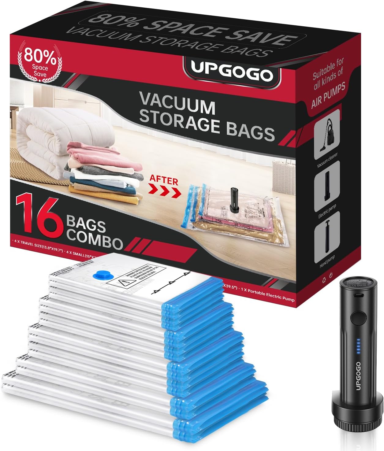 Combo 16 Pack Vacuum Storage Bags with Portable Electric Pump,Vacuum Seal Bags for Clothing,Space Saver Bags,Vacuum Travel Bags for Luggage