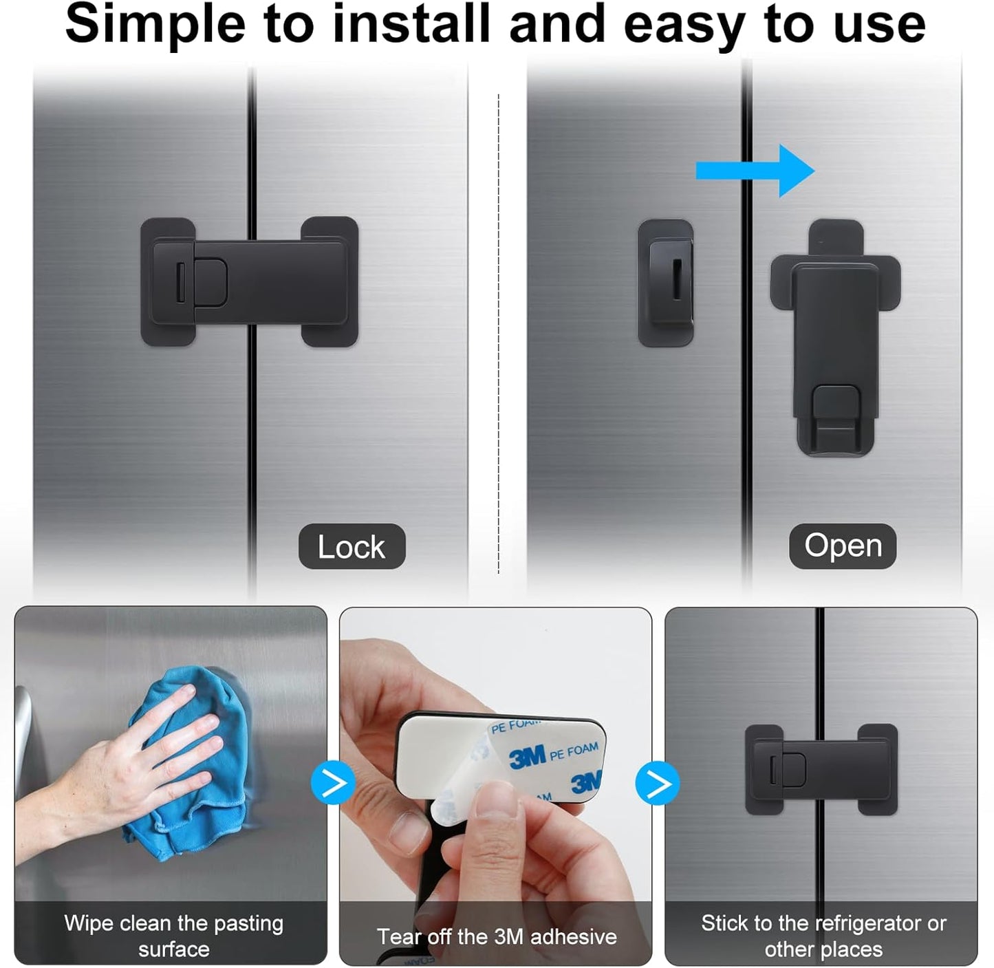 Fridge Locks for Kids, Child Proof Refrigerator Lock, Baby Safety French Fridge Door Lock, Child Cabinet Locks with Strong 3M Adhesive, No Drill, Tool-Free Install (2 Pack, Black)