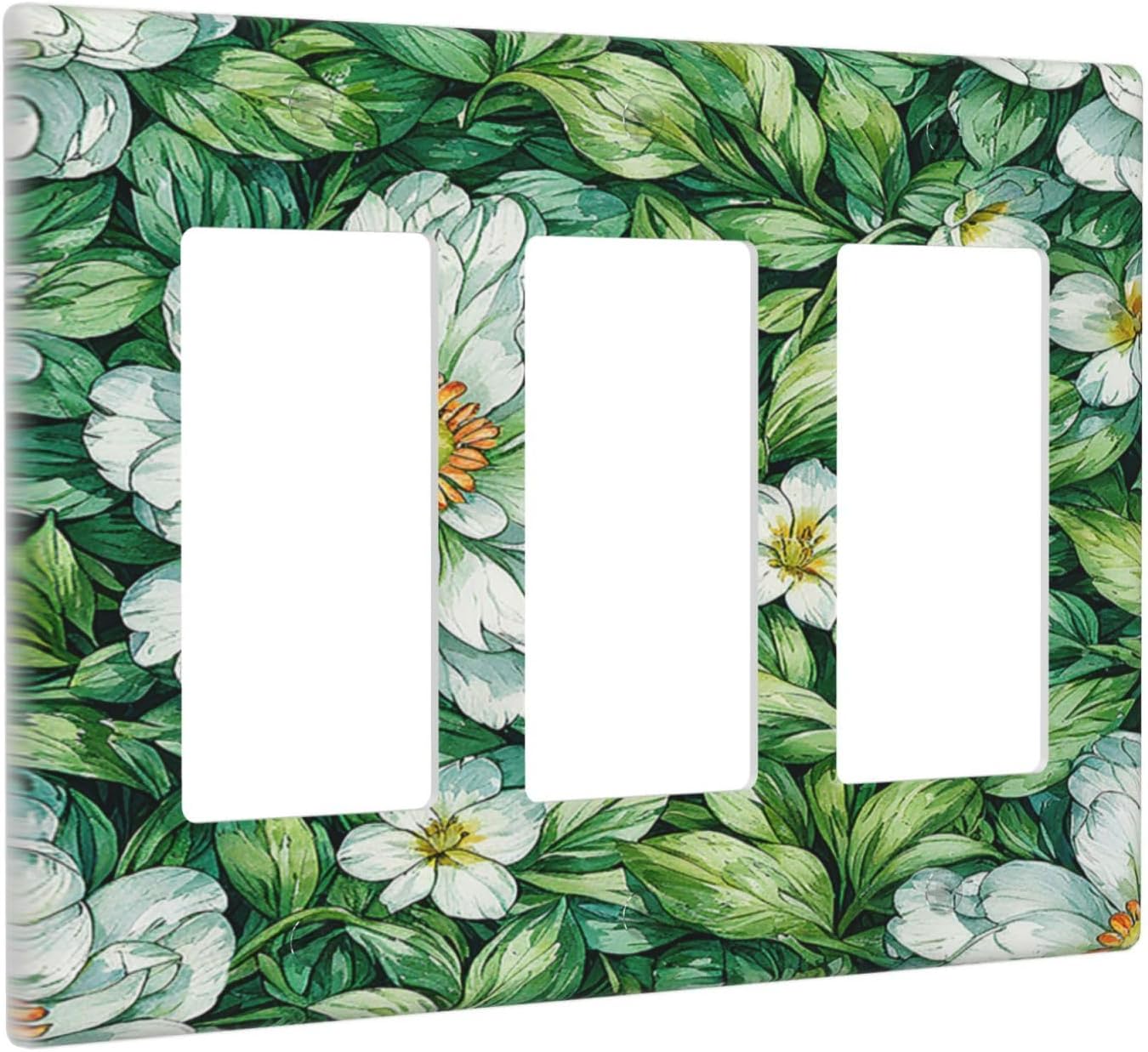 Vintage Floral White Flowers Green Plants Leaves Light Switch Covers 3 Gang Rocker Decorative Triple Outlet Wall Plate Cover Electrical GFCI Switchplate for Bedroom Bathroom Decor