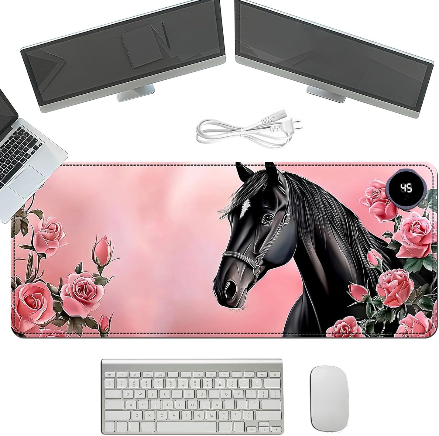 Heated Mouse Pad with 3 Temperature Settings(104°F–122°F),Large 31.5x13 Inch PU Leather Heated Desk Mat,Waterproof Warming Pad for Office,Gaming & Cold Hands Relief,Pink Rose Black Horse