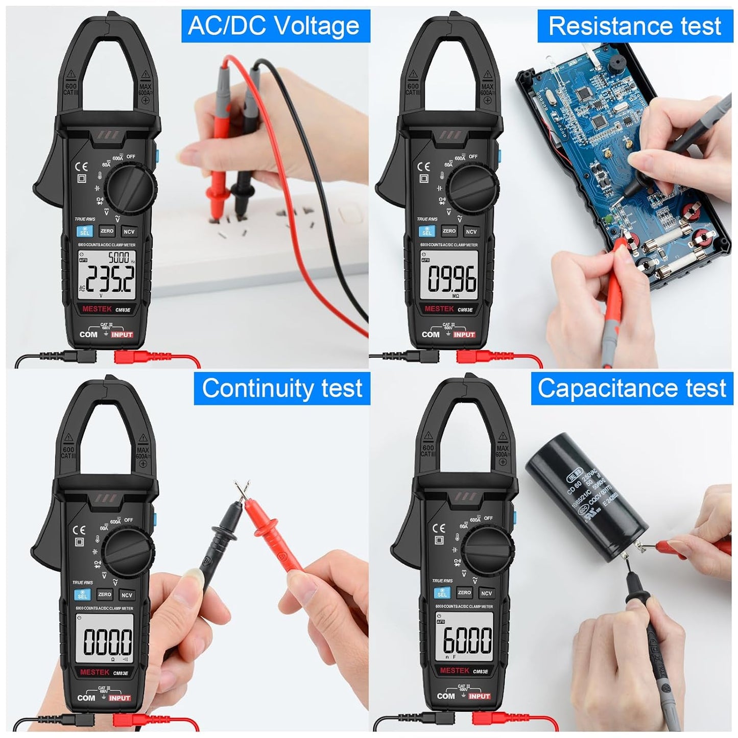 MESTEK Clamp Meter, Digital Clamp Multimeter Voltage Tester TRMS 6000 Counts Current Amp Volt Meter, Voltmeter Measures NCV AC DC Current Voltage Resistance Capacitance Temperature Diodes Continuity