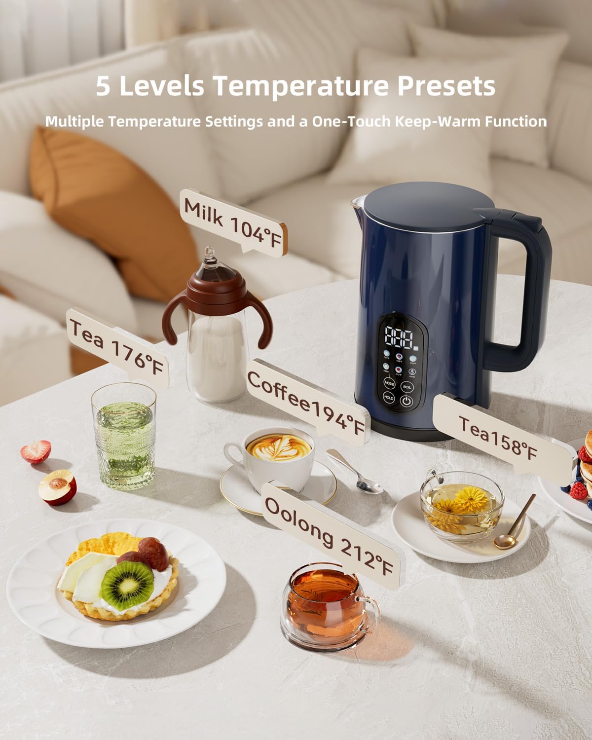 Tisania Electric Kettle with Temperature Control, Cordless Kettle 1.7L for Milk, Tea & Coffee, 5 Presets 2H Keep Warm, 304 Stainless Steel BPA-Free,Blue