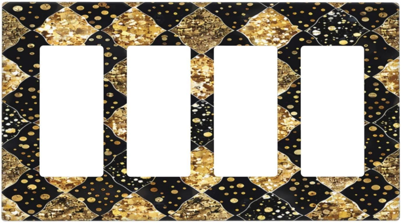 Gold Black Marble Geometric Plaid Glitter Wallplates 4 Gang Quad Rocker Decorative Light Switch Covers Electrical GFCI Faceplate Switch Plate for Bedroom Bathroom Decor