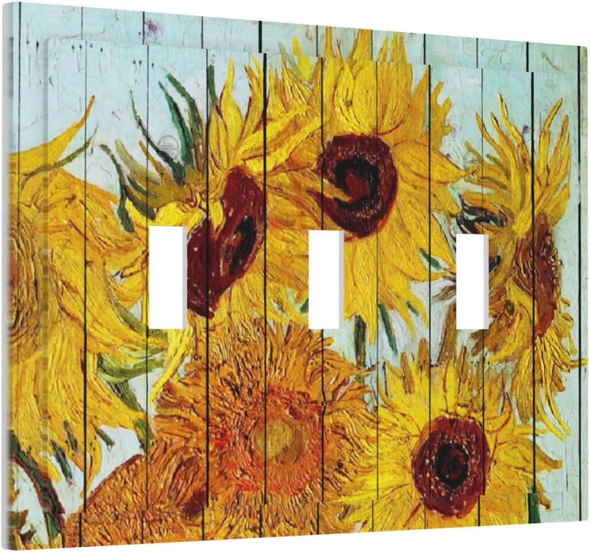 Decorative Switch Plates Sunflowers Oil Paintings Wood Floral 3 Gang Wall Plate Triple Toggle Light Switch Cover Faceplate Electrical Wall Panels For Farmhouse Bed Room Decor