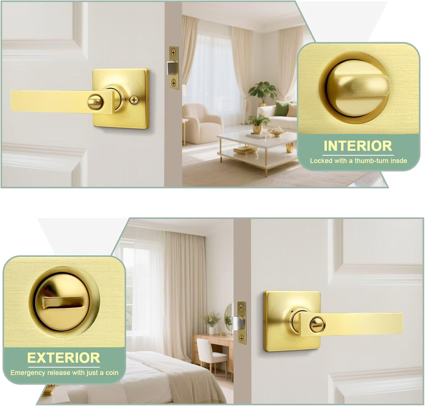 GOBEKOR 2 Pack Gold Door Handles Interior,Heavy Duty Privacy Door Levers with Lock,Sleek Round Interior Door Handles for Bedroom and Bathroom with No Key