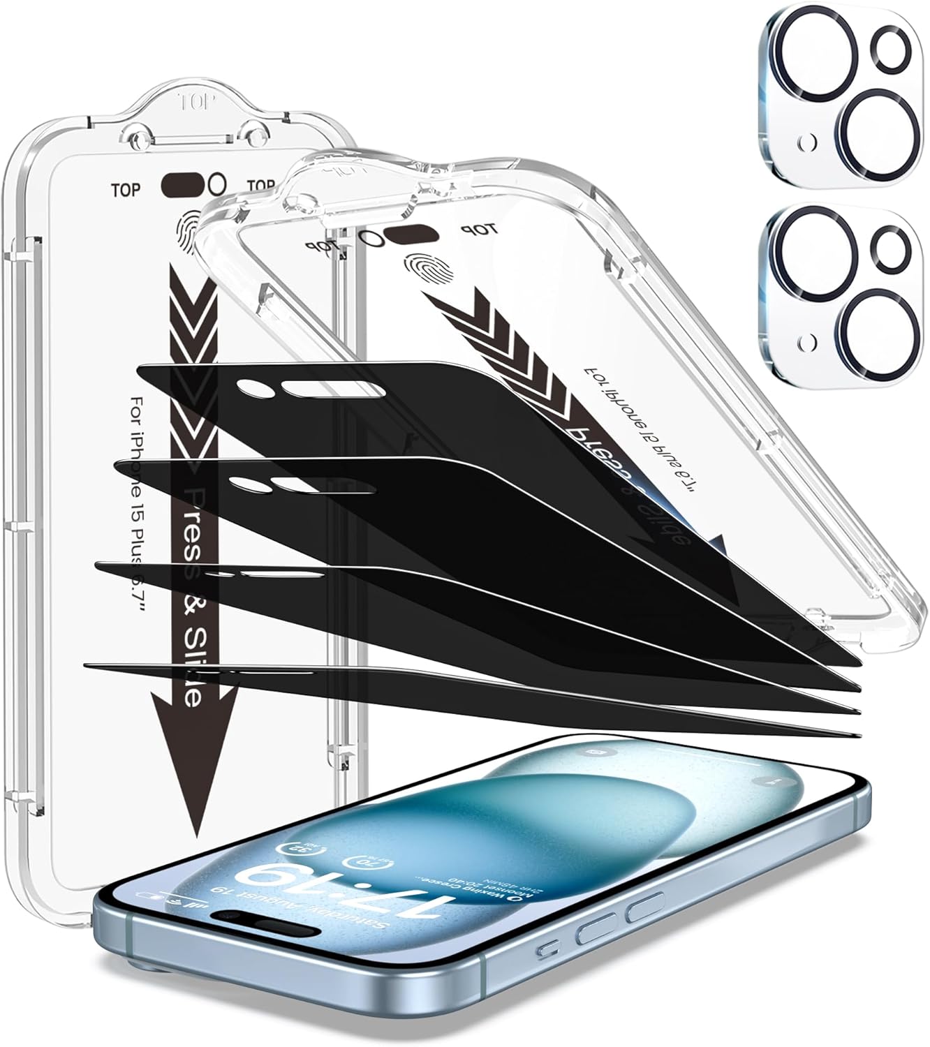 EZ-GLAZ- 4 Pack for iPhone 15 Plus Privacy Screen Protector [6.3"] With 2 Pack Camera Lens Protector, 9H+ Hardness 12FT Military Grade Shatterproof Scratch Resistant Durable Tempered Glass Film with Flawless Fit Kit