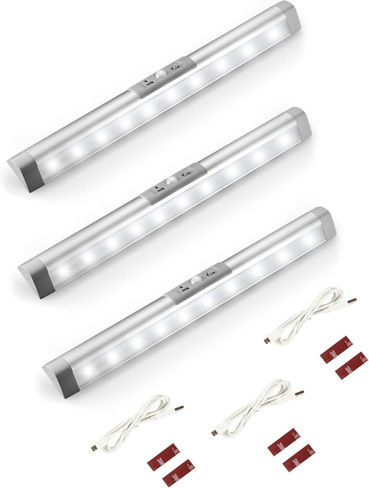 Joyzy 3 Pack Automatic Motion Sensor Closet Lights with Eye-Protection Design, LED Under Cabinet Wireless Lighting, Rechargeable Closet Lightings for Wardrobe Pantry Light