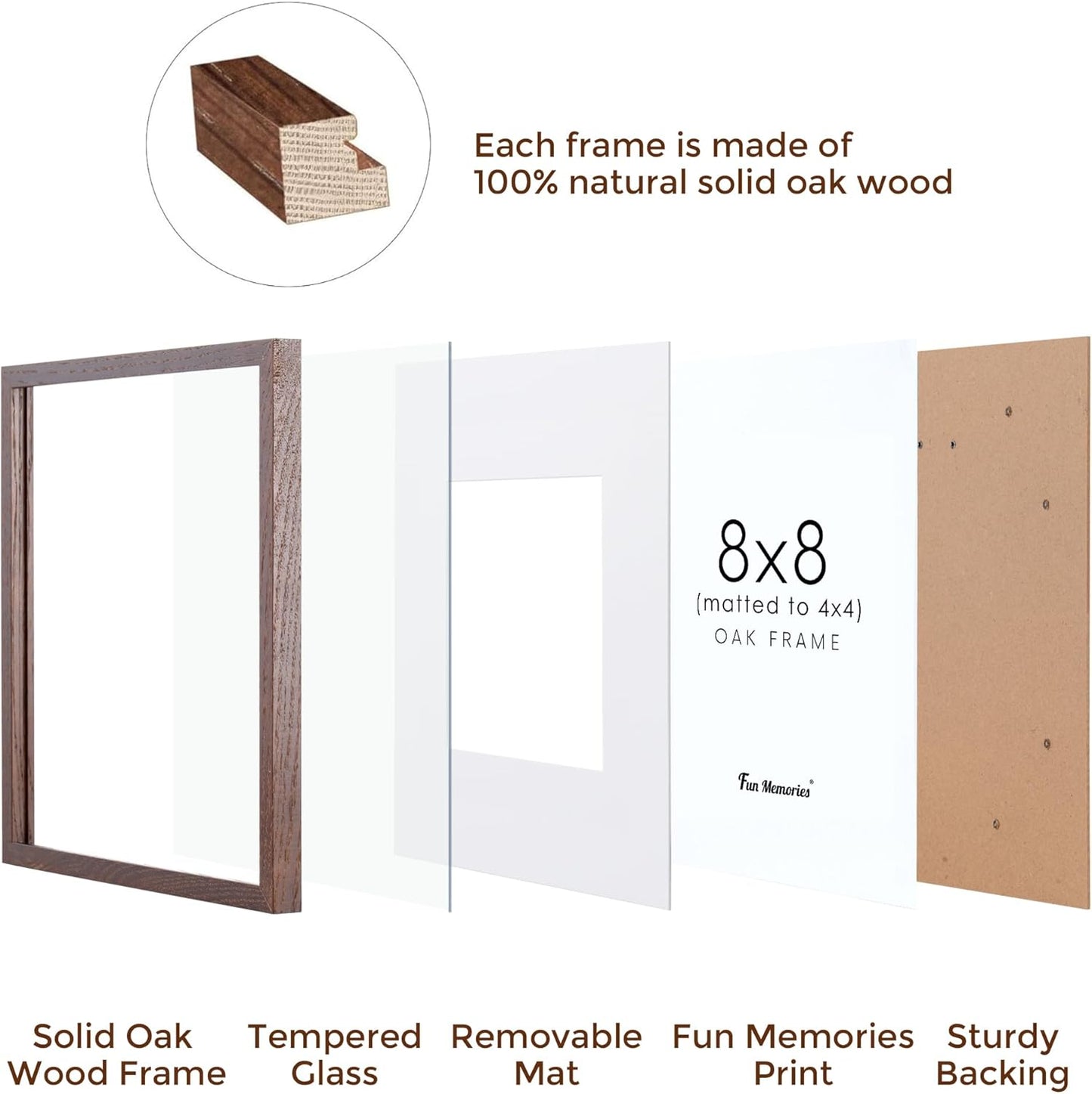 Fun Memories 8x8 Square Picture Frame, Solid Oak Wood 8"x8" Photo Frames - Real Tempered Glass, 8x8 Frame with Stand for Tabletop Display, 8 x 8 Wood Frame for Wall (Walnut Color, 1 Pack)