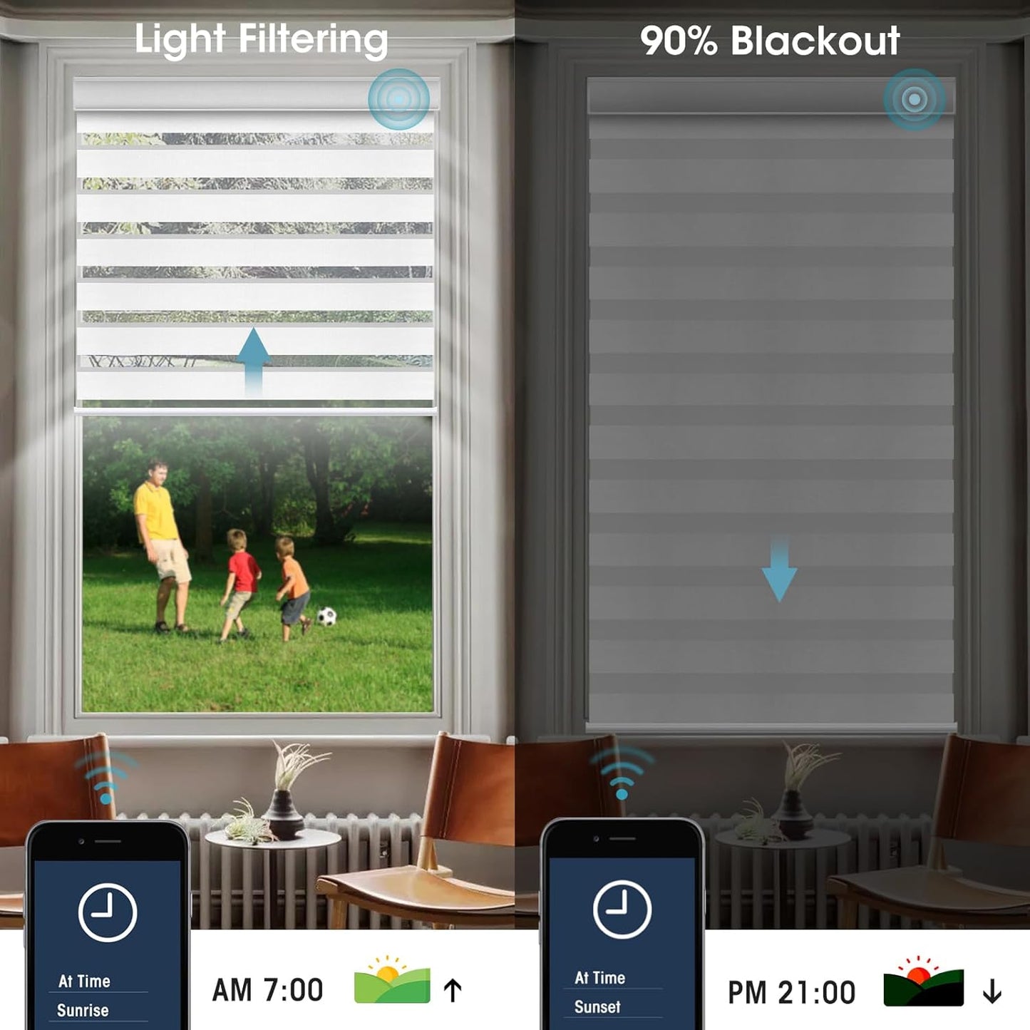 SmartWings Motorized Zebra Shades with Valance Work with Homekit Thread Alexa Smart Dual Layer Shades with Remote Control, Automatic Horizontal Window Blind, 90% Blackout 95mm Astrid Greyish White