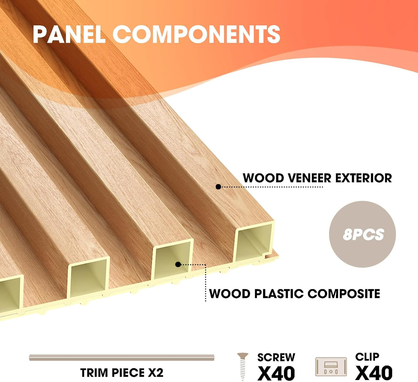 OUZUGIE WPC Acoustic Slat Wall Paneling, 8-Pack 96 x 6 Inches 3D Wall Panels for Interior Wall Decor,Living Room,TV Background,Study Room,Office Spaces,Bedroom,High Grille (Oak)